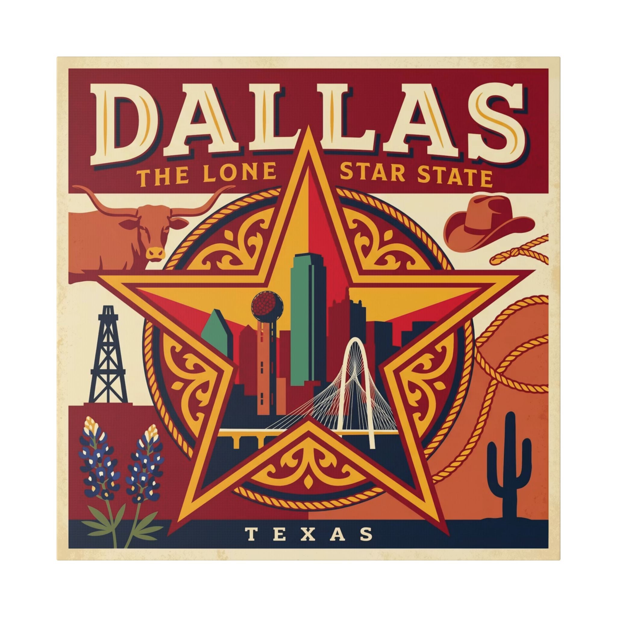 Dallas Lone Star Vintage Canvas Wall Art — Texas Skyline & Western Icons