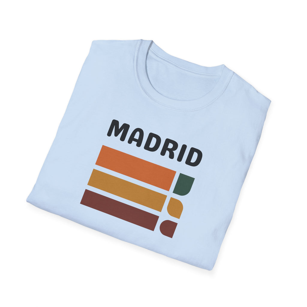 Madrid Retro Stripes T-Shirt | Vintage City Typography, Earth Tone Bars