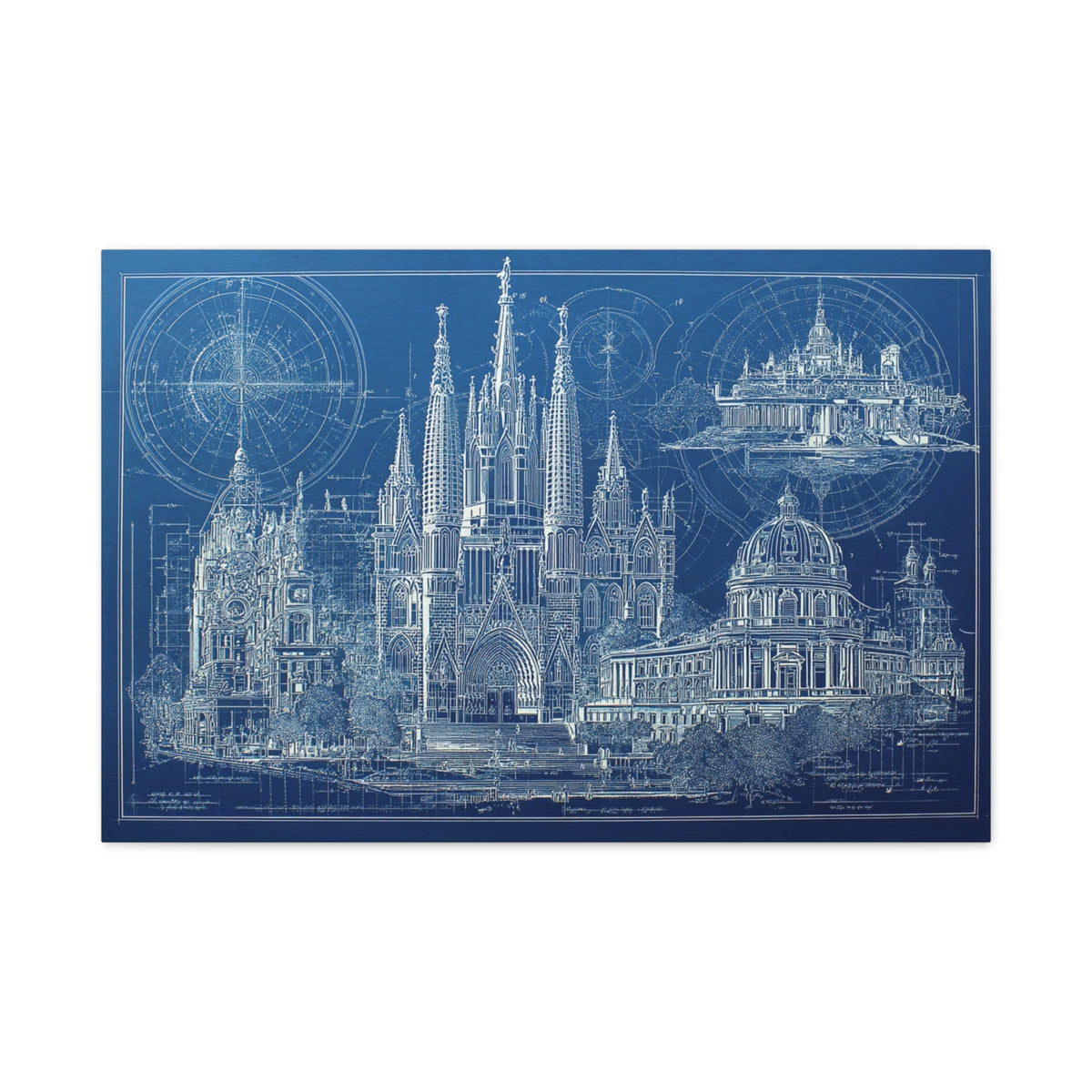 Blueprint Barcelona Canvas Print — Architectural Wall Art, Blueprint / Engraving HORIZONTAL landmarks, Sagrada Família, Park Güell, Casa Batlló