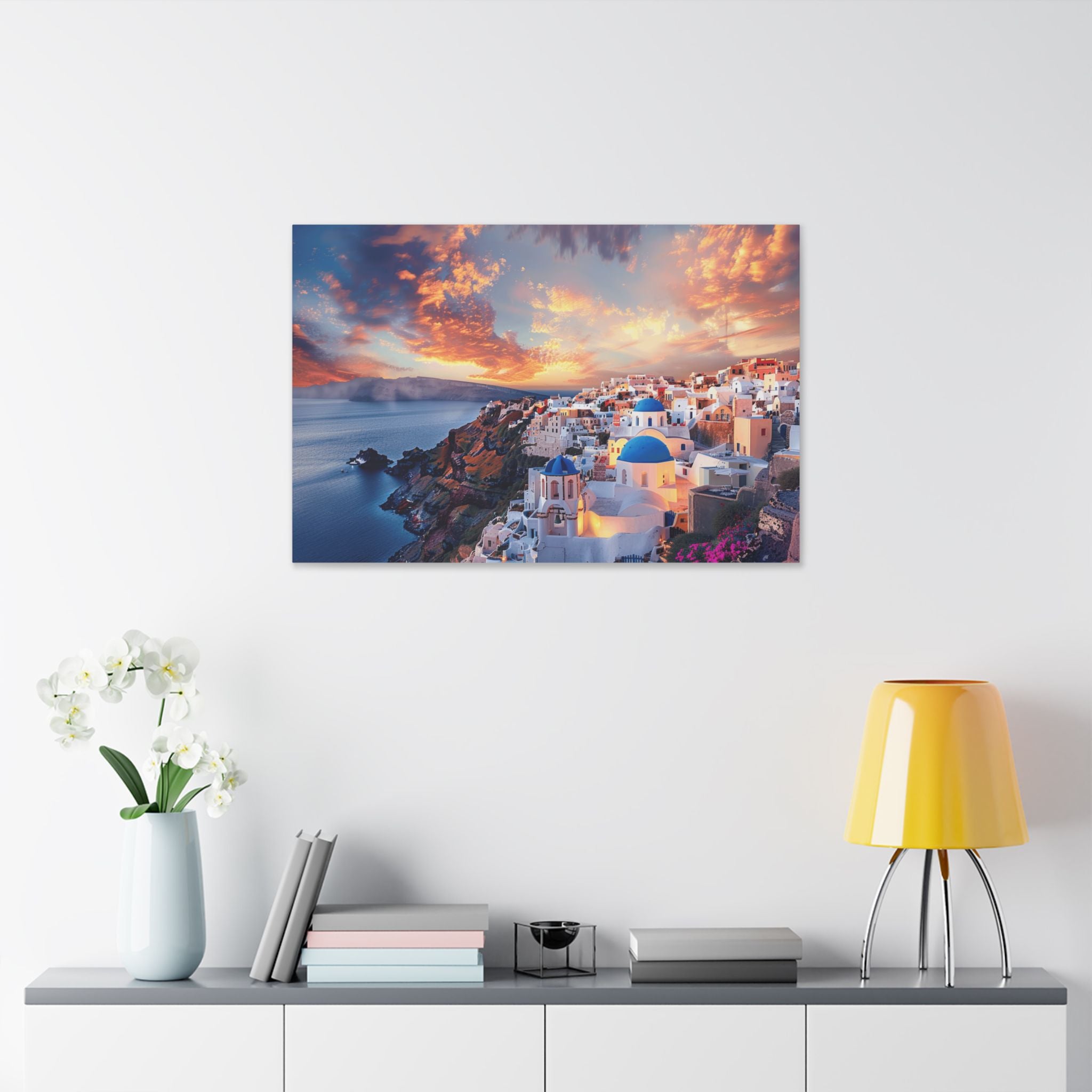 Santorini Sunset Canvas Wall Art — Mediterranean Seaside Landscape Print