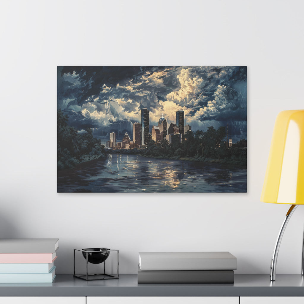 Houston Downtown Skyline Canvas Print — Moody Nightscape Stretched Wall Art