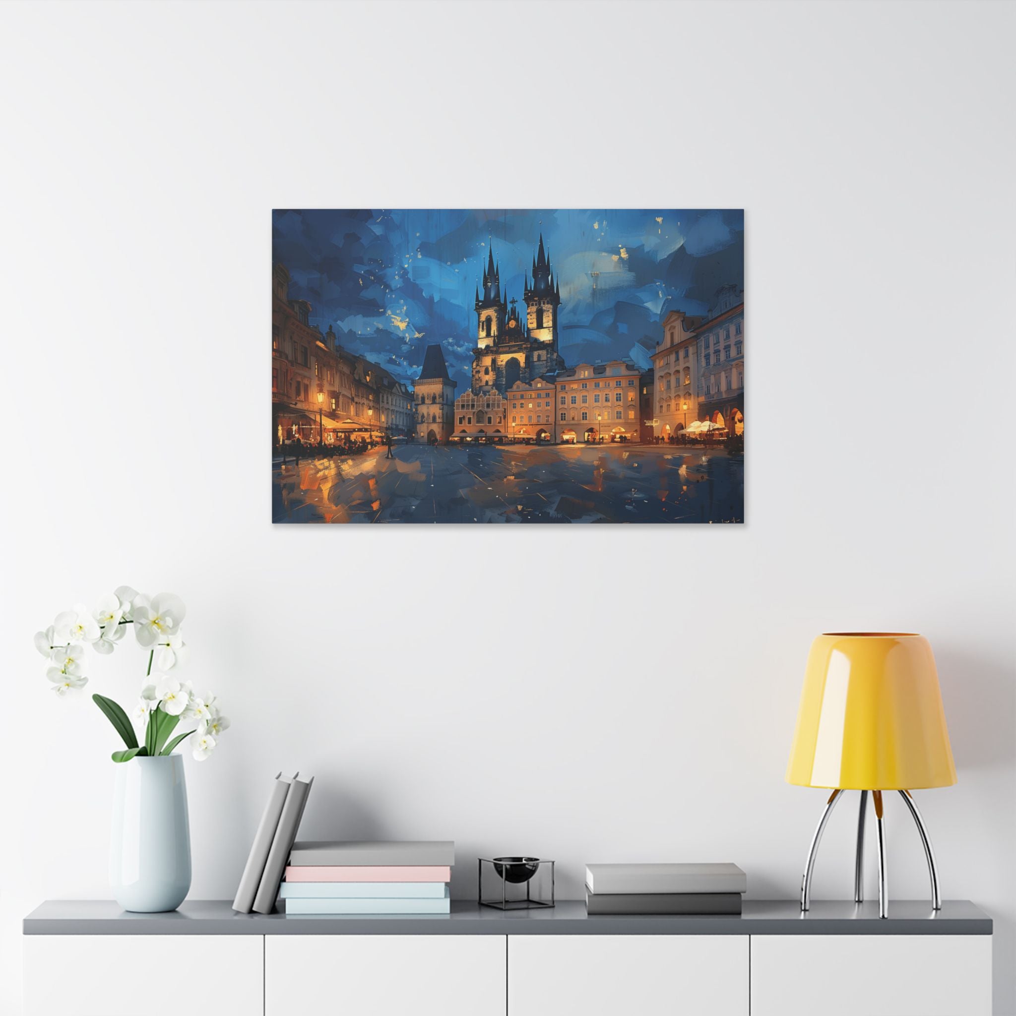 Prague Old Town Square Canvas Wall Art — Nighttime Cityscape Stretched Canvas