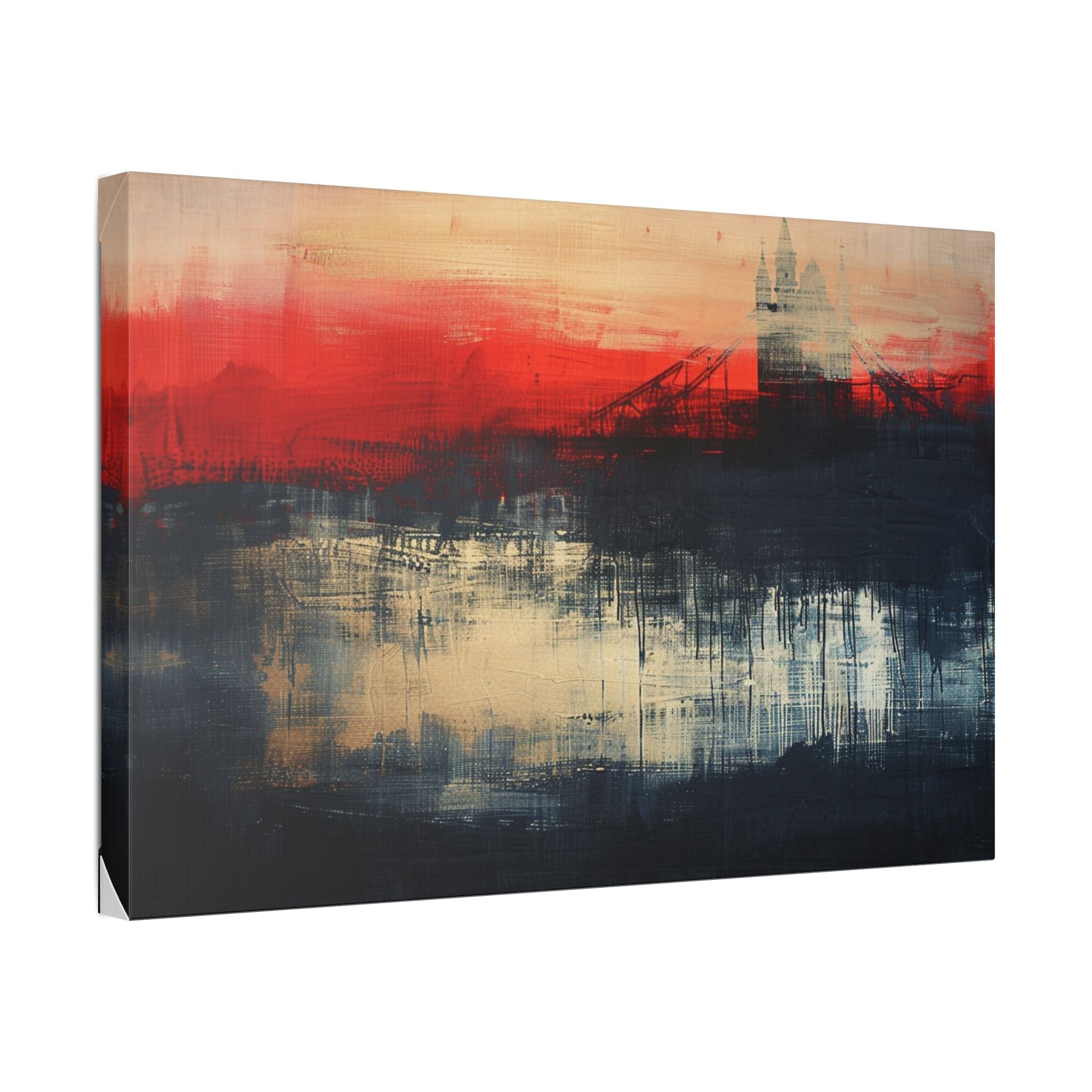 Abstract London Bridge Canvas Wall Art – Red & Navy Stretched Painting