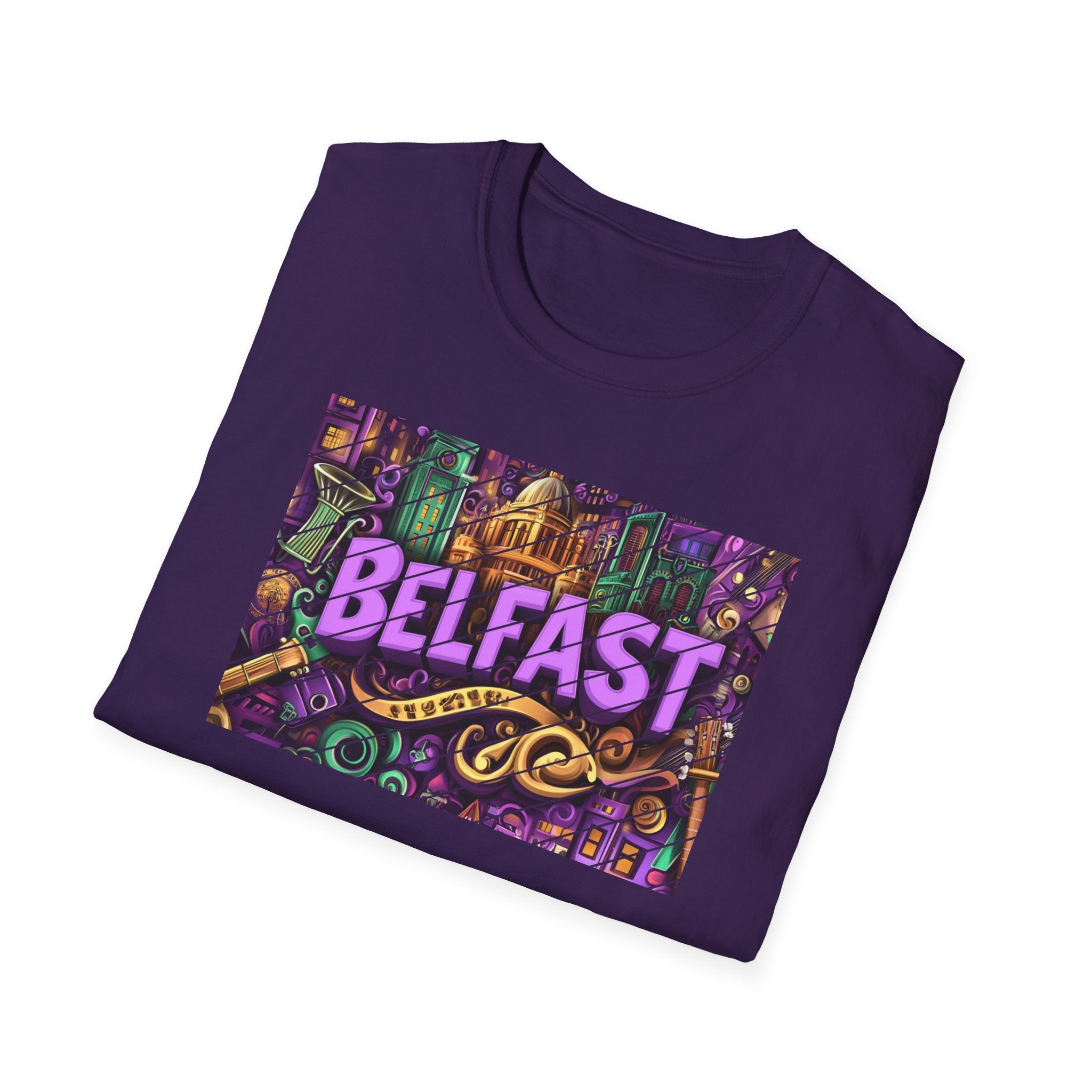 Belfast Neon Script T-Shirt | Retro Rainbow Stripes