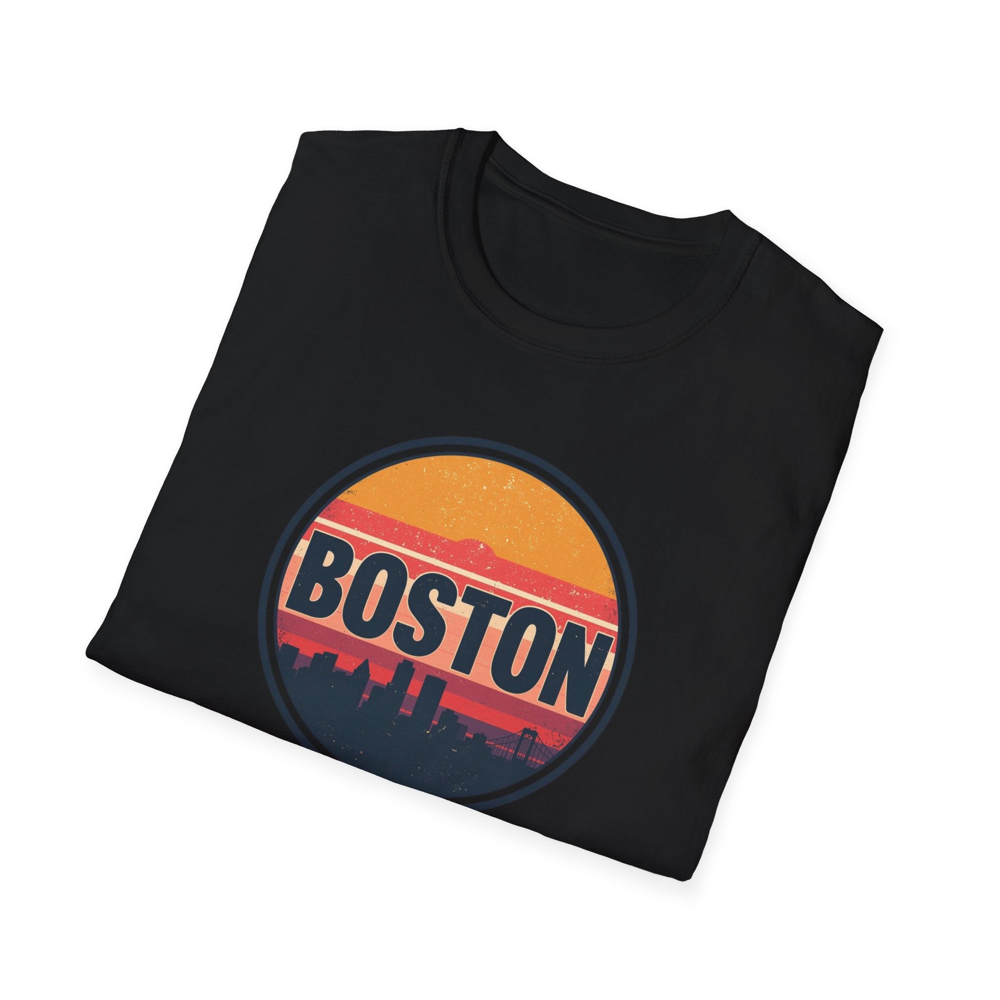 Boston Skyline Circle T‑Shirt — Retro Sunset City Graphic