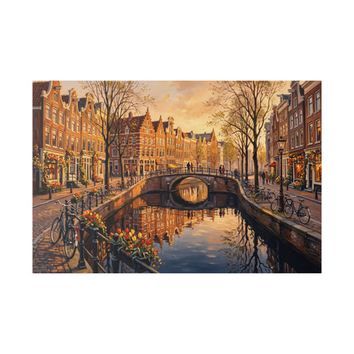 Amsterdam Canal Sunset Stretched Canvas Wall Art