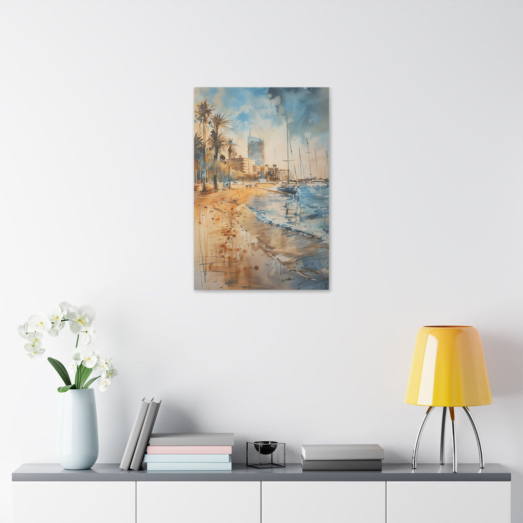 Barcelona Coastal Harbor Beach Stretched Canvas — Seaside Watercolor Wall Art