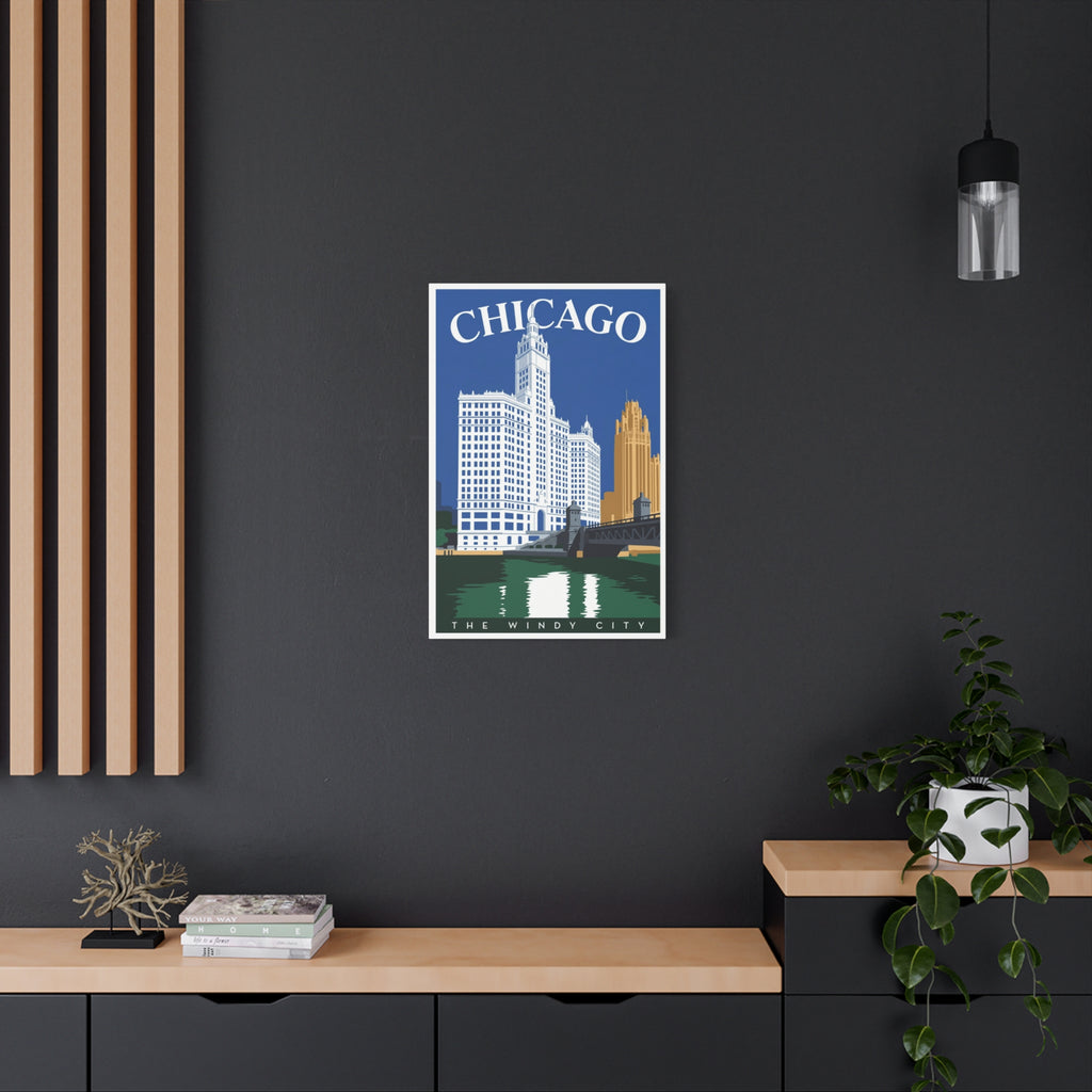 Chicago Skyline Stretched Canvas – The Windy City Retro Travel Art