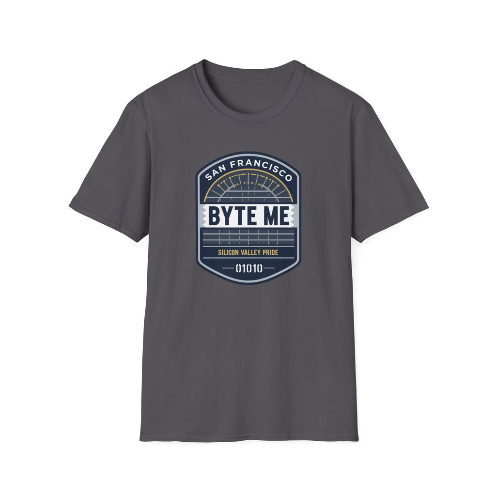 Byte Me San Francisco T-Shirt — Retro Tech Badge Tee (01010)