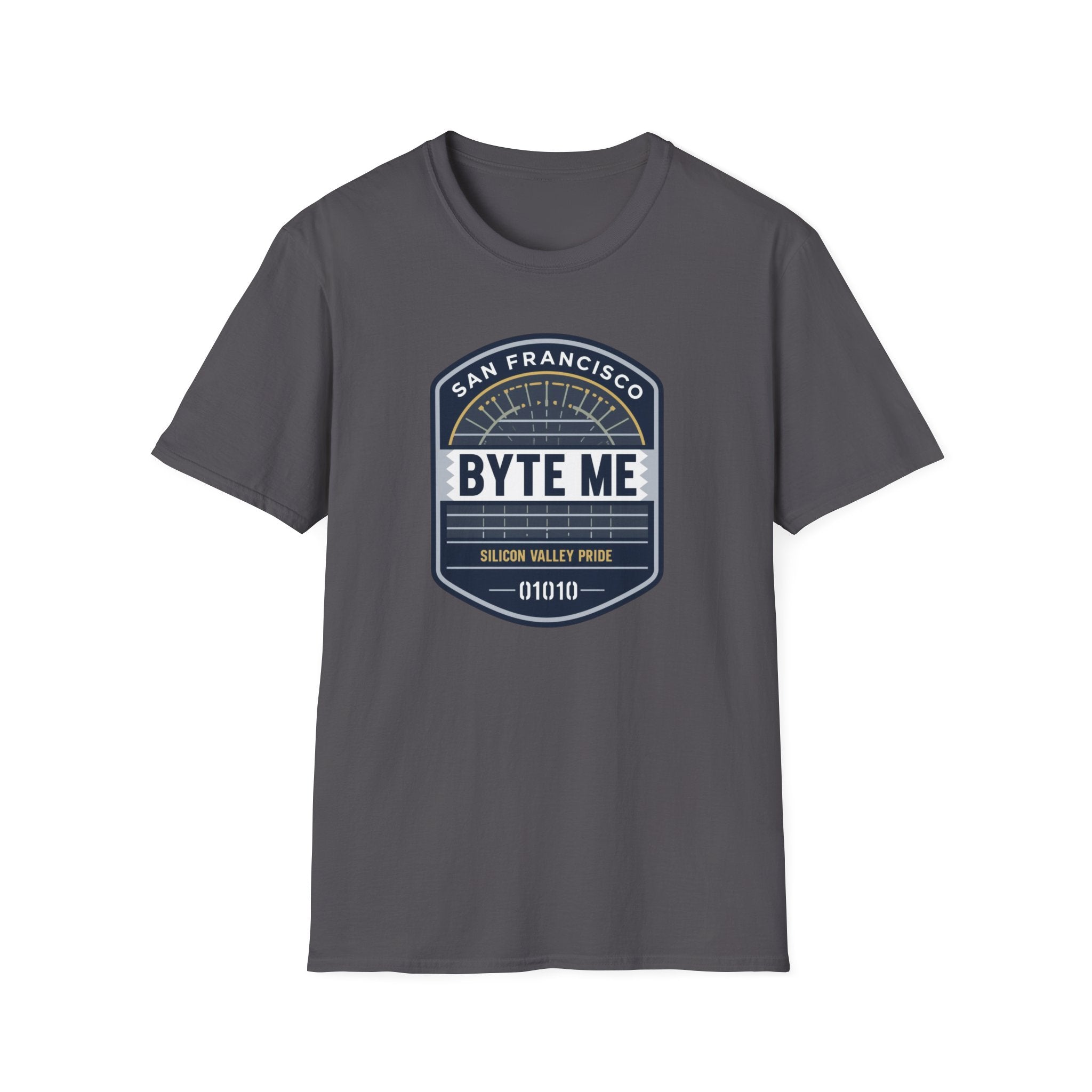 Byte Me San Francisco T-Shirt — Retro Tech Badge Tee (01010)