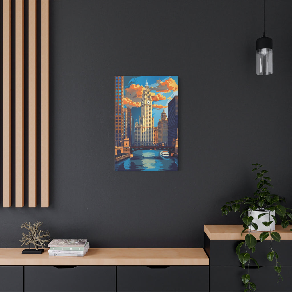 Chicago River Skyline Stretched Canvas — Vintage Cityscape Wall Art