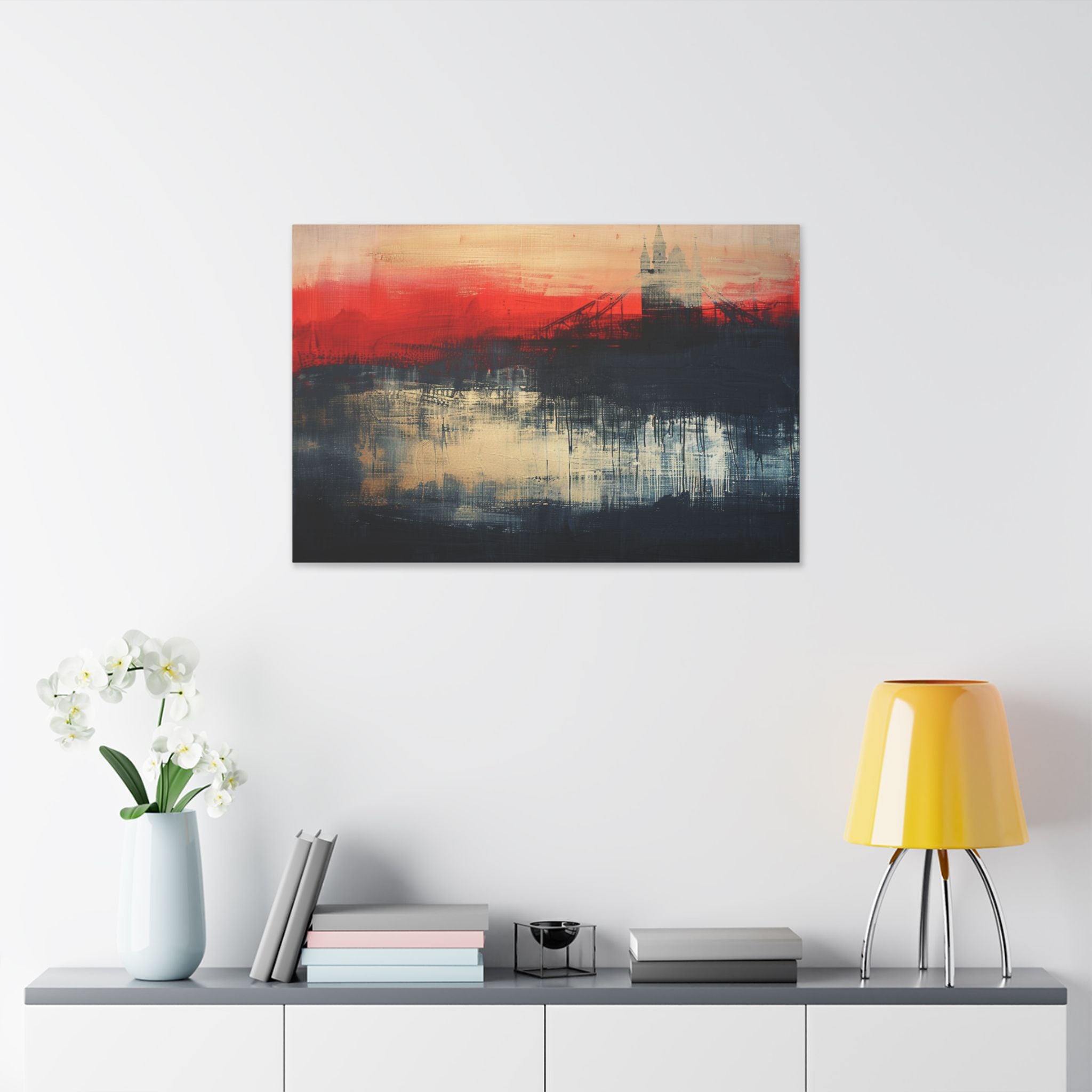 Abstract London Bridge Canvas Wall Art – Red & Navy Stretched Painting