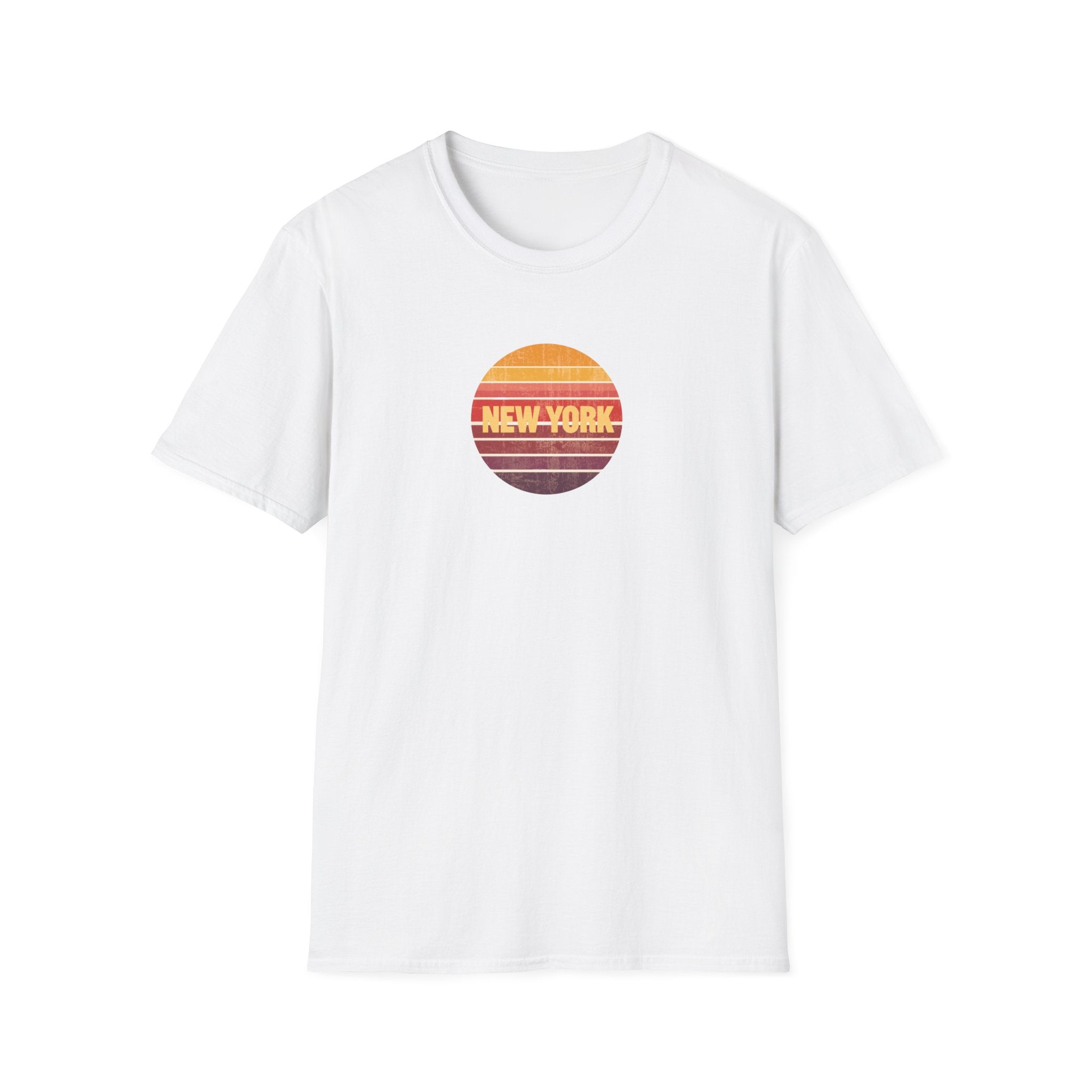 Retro Sunset New York T-Shirt | Vintage Striped City Graphic