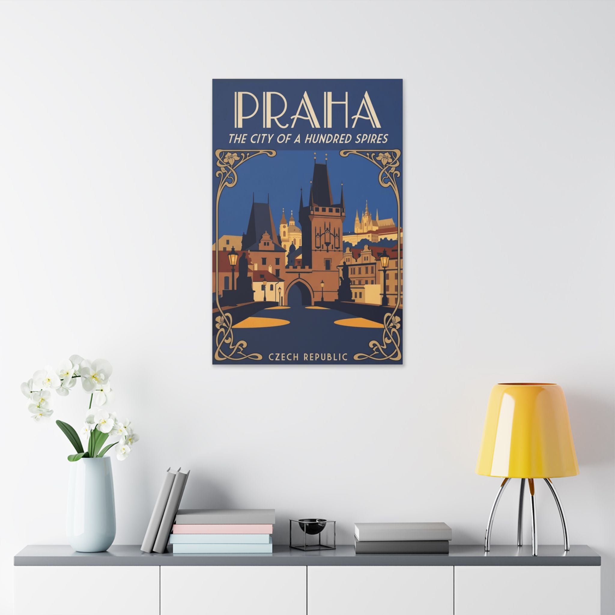 Praha Vintage Travel Canvas — "The City of a Hundred Spires" Stretched Wall Art