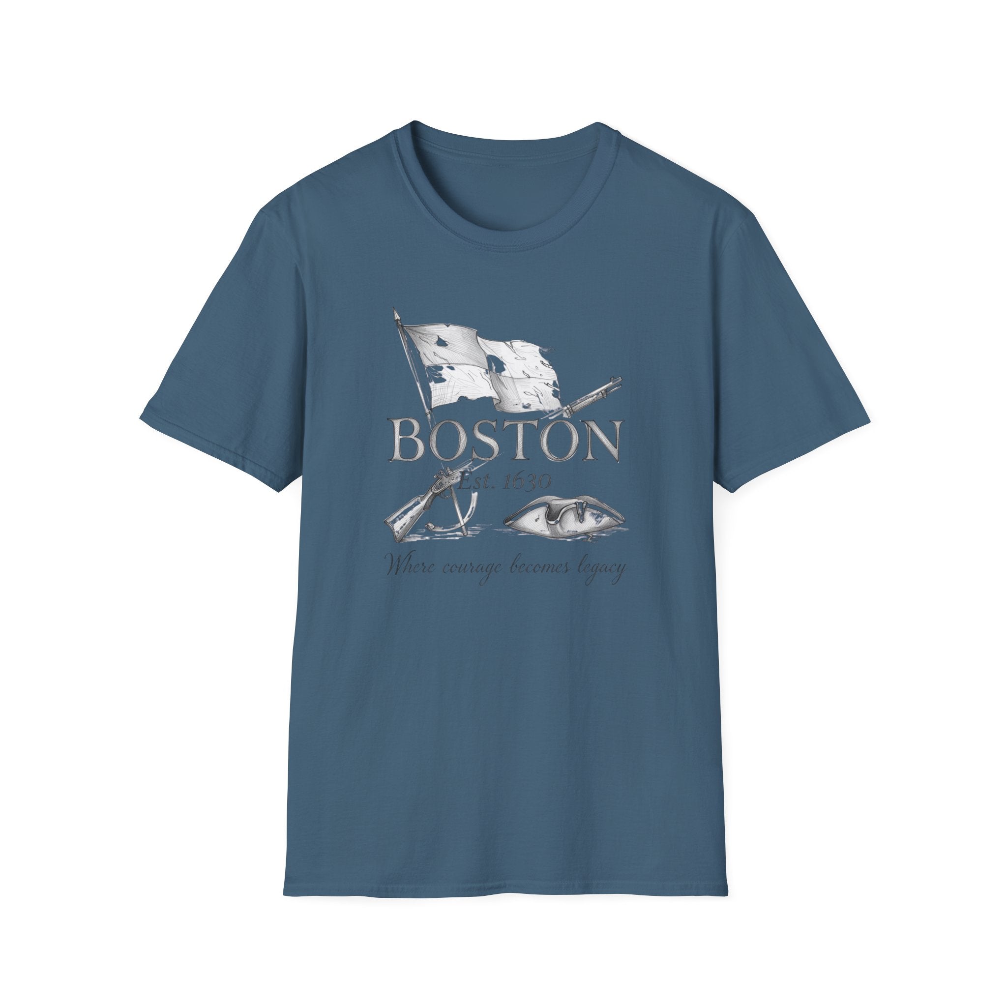 Boston 1630 Heritage T-Shirt — Colonial Flag & Tricorn Design