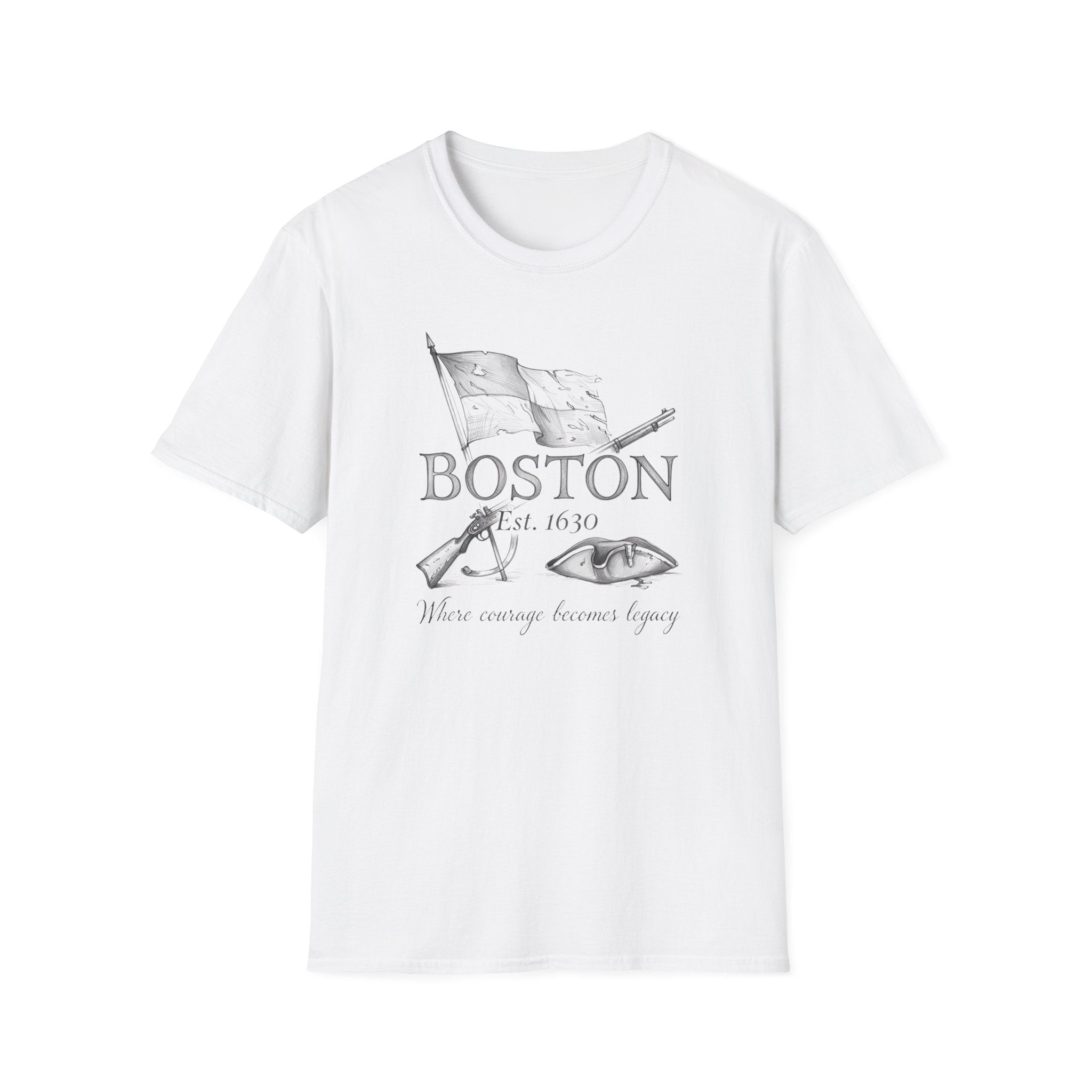 Boston 1630 Heritage T-Shirt — Colonial Flag & Tricorn Design