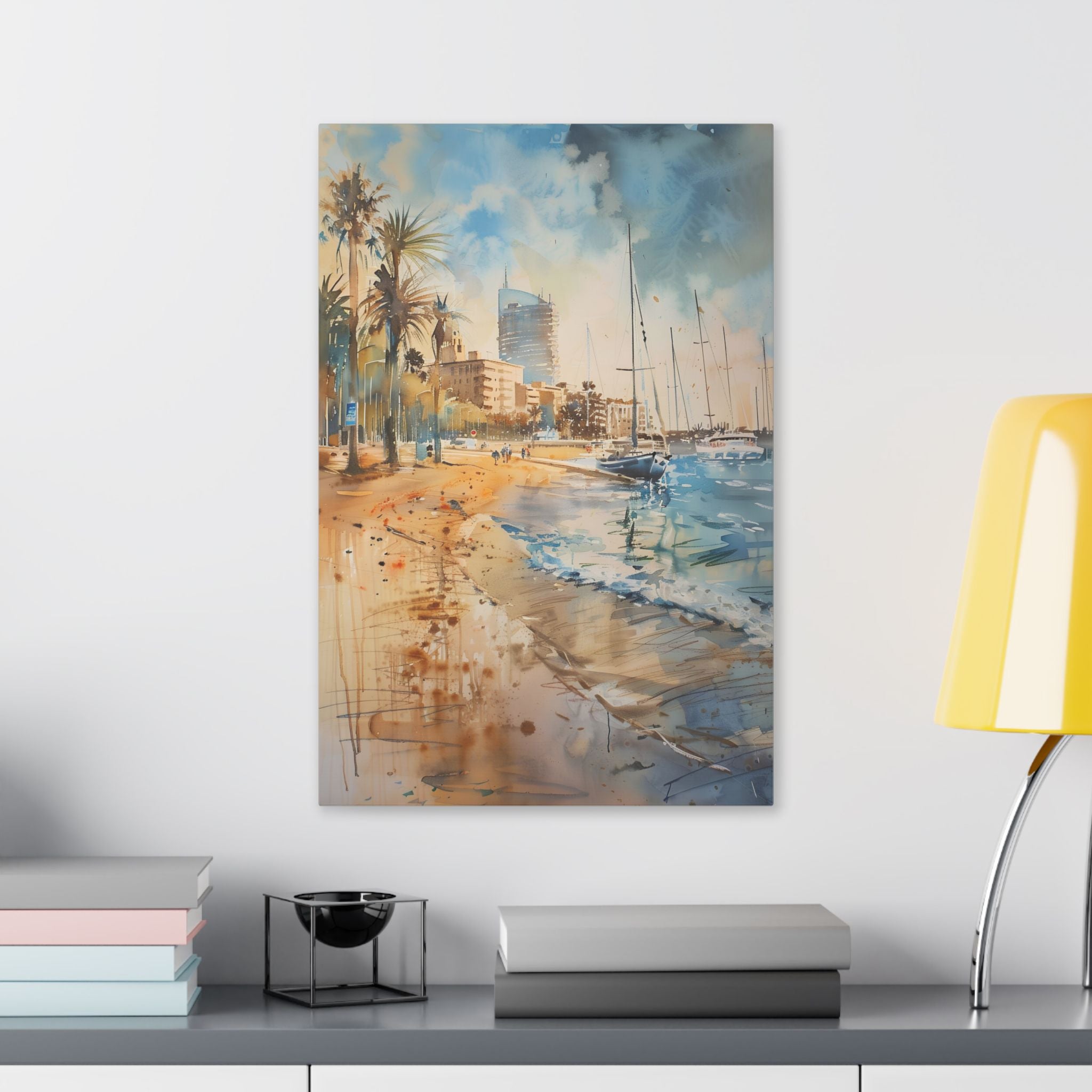 Barcelona Harbour - Mediterranean Seaside Palm Beach Canvas — Coastal Watercolor Stretched Wall Art