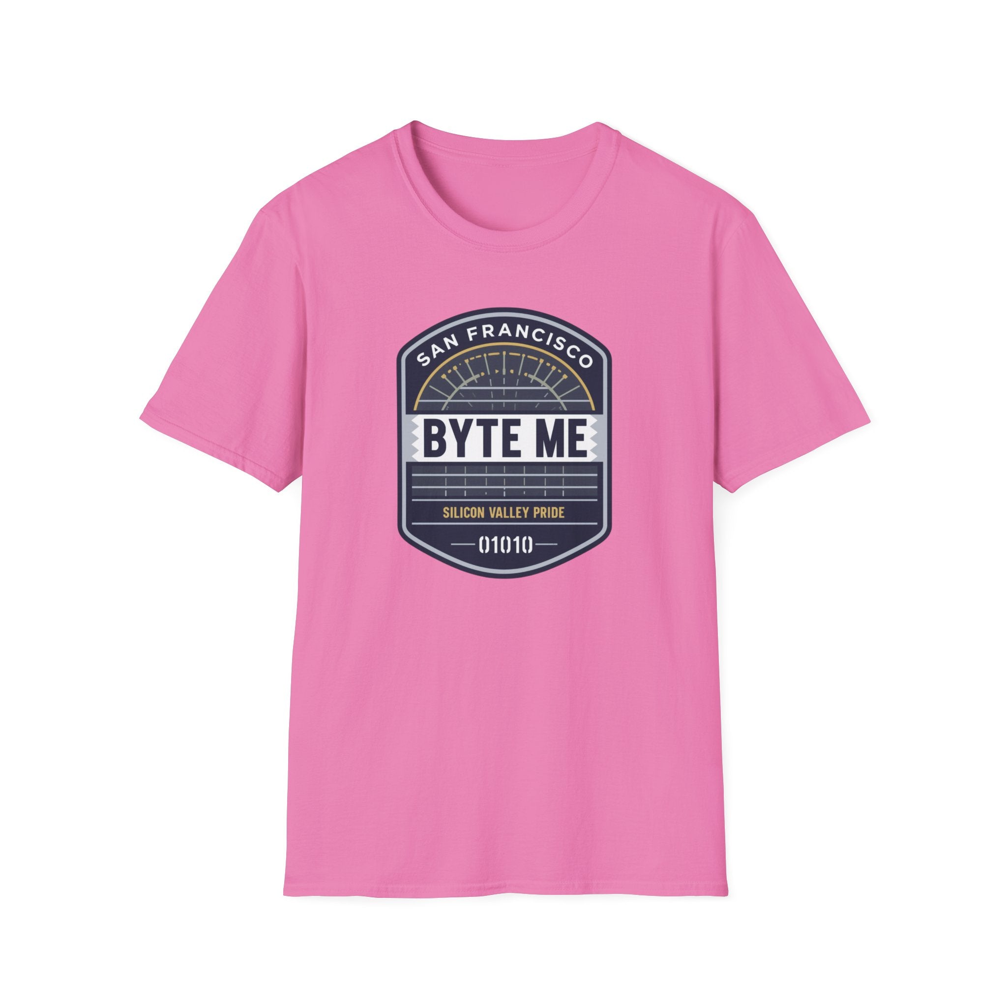 Byte Me San Francisco T-Shirt — Retro Tech Badge Tee (01010)