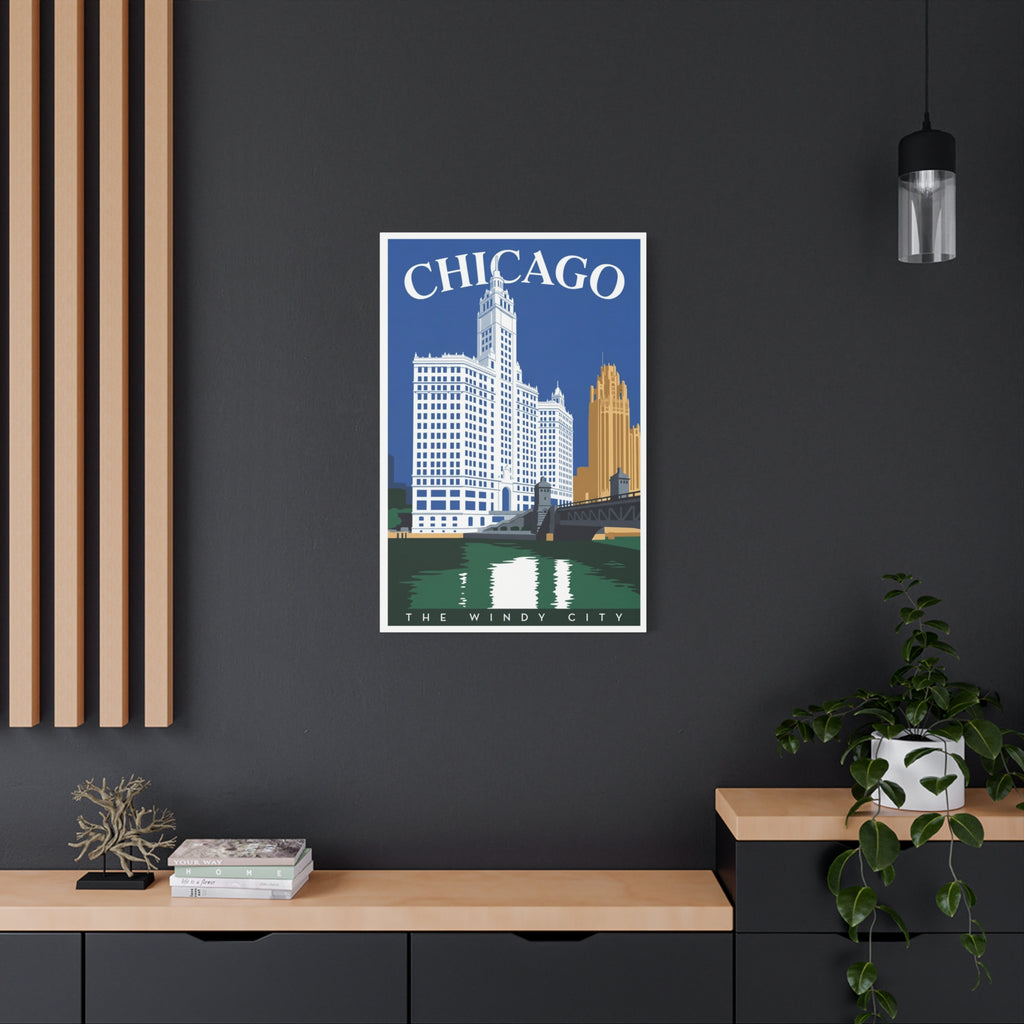 Chicago Skyline Stretched Canvas – The Windy City Retro Travel Art