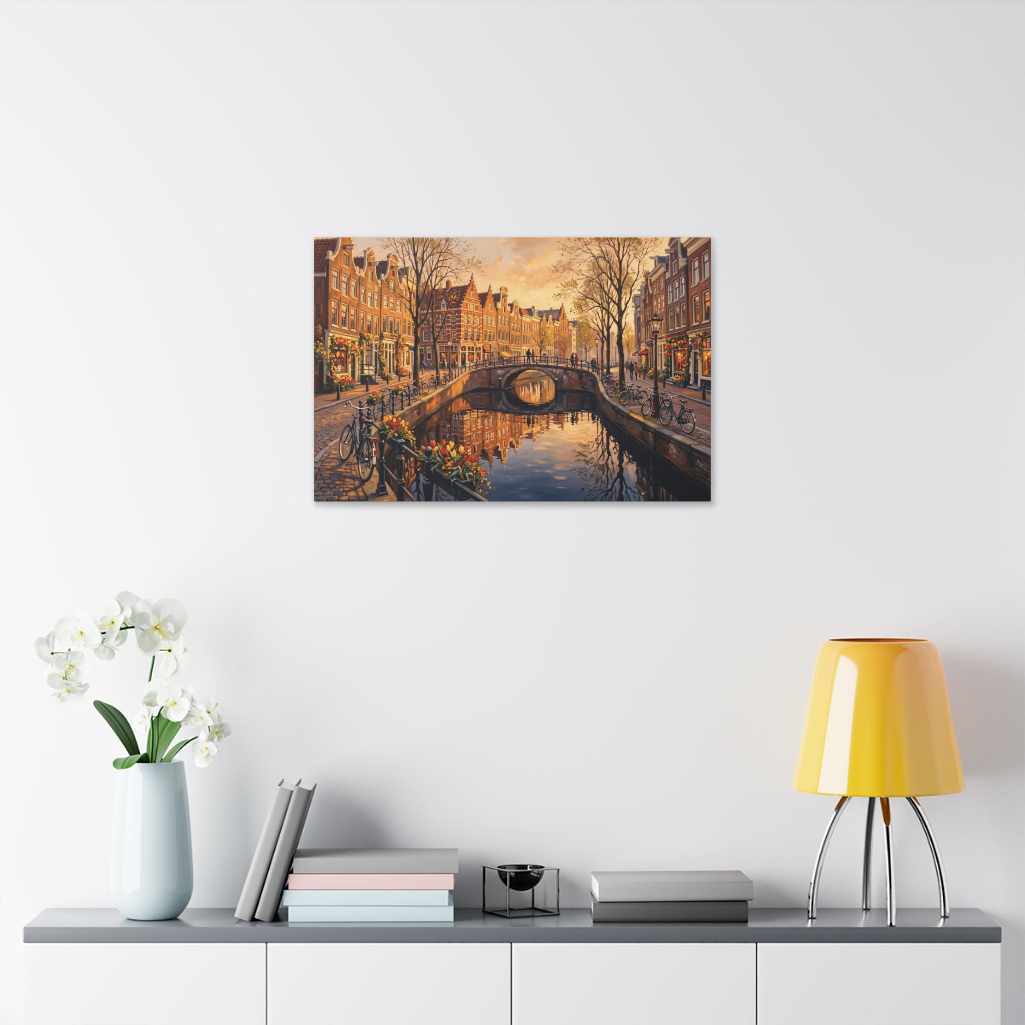 Amsterdam Canal Sunset Stretched Canvas Wall Art