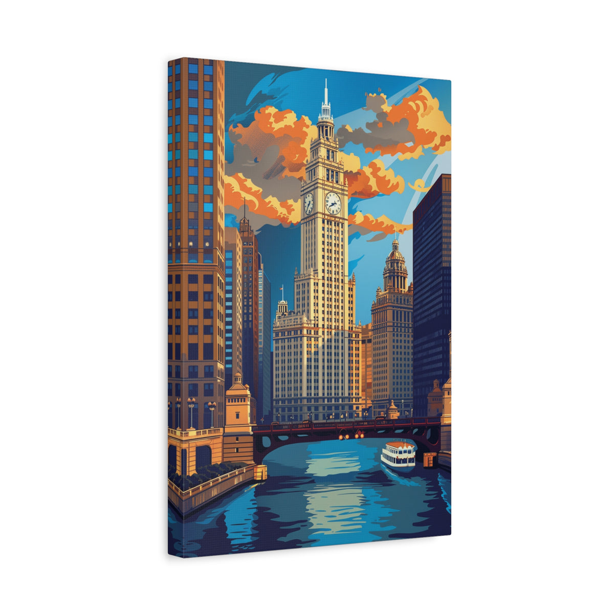 Chicago River Skyline Stretched Canvas — Vintage Cityscape Wall Art