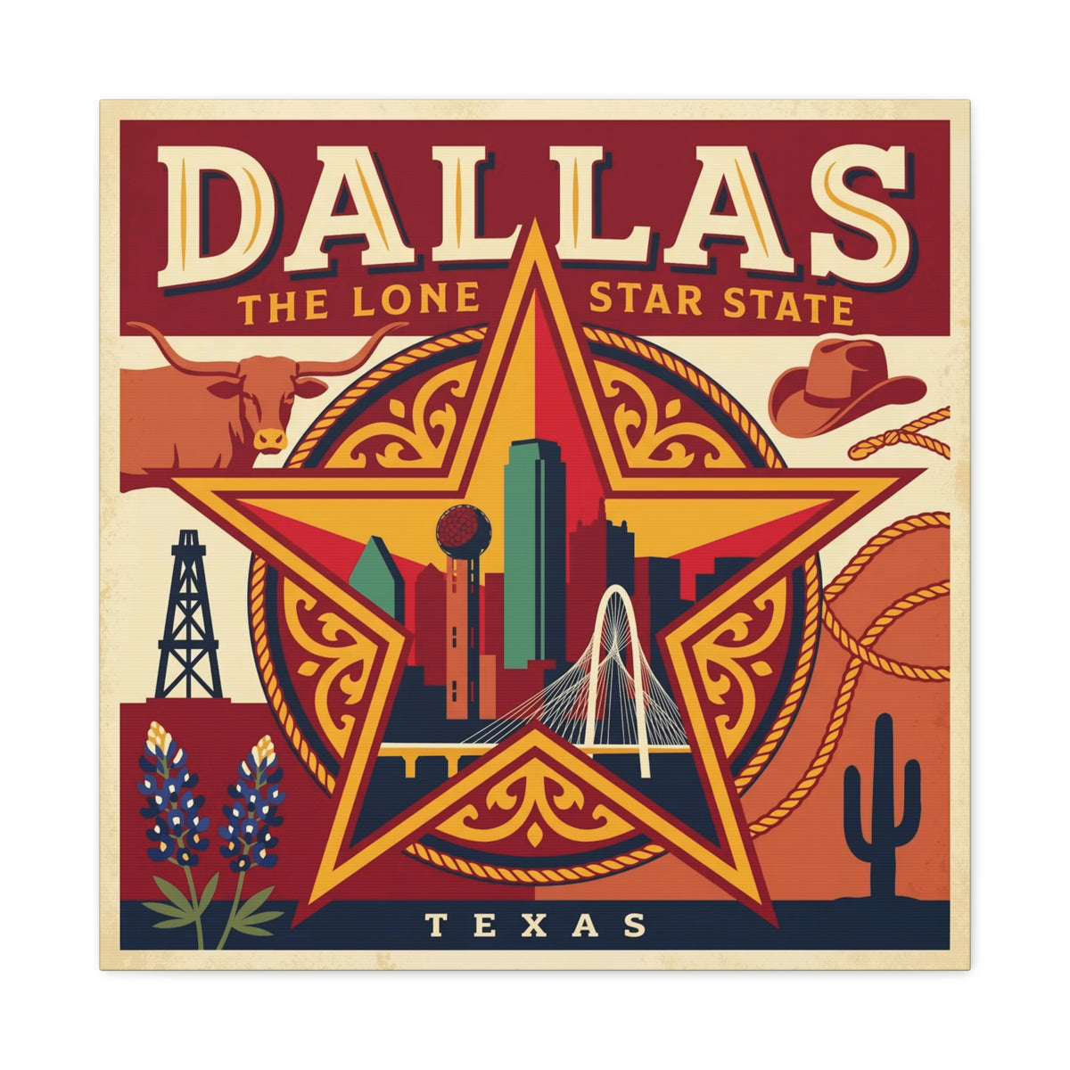 Dallas Lone Star Vintage Canvas Wall Art — Texas Skyline & Western Icons