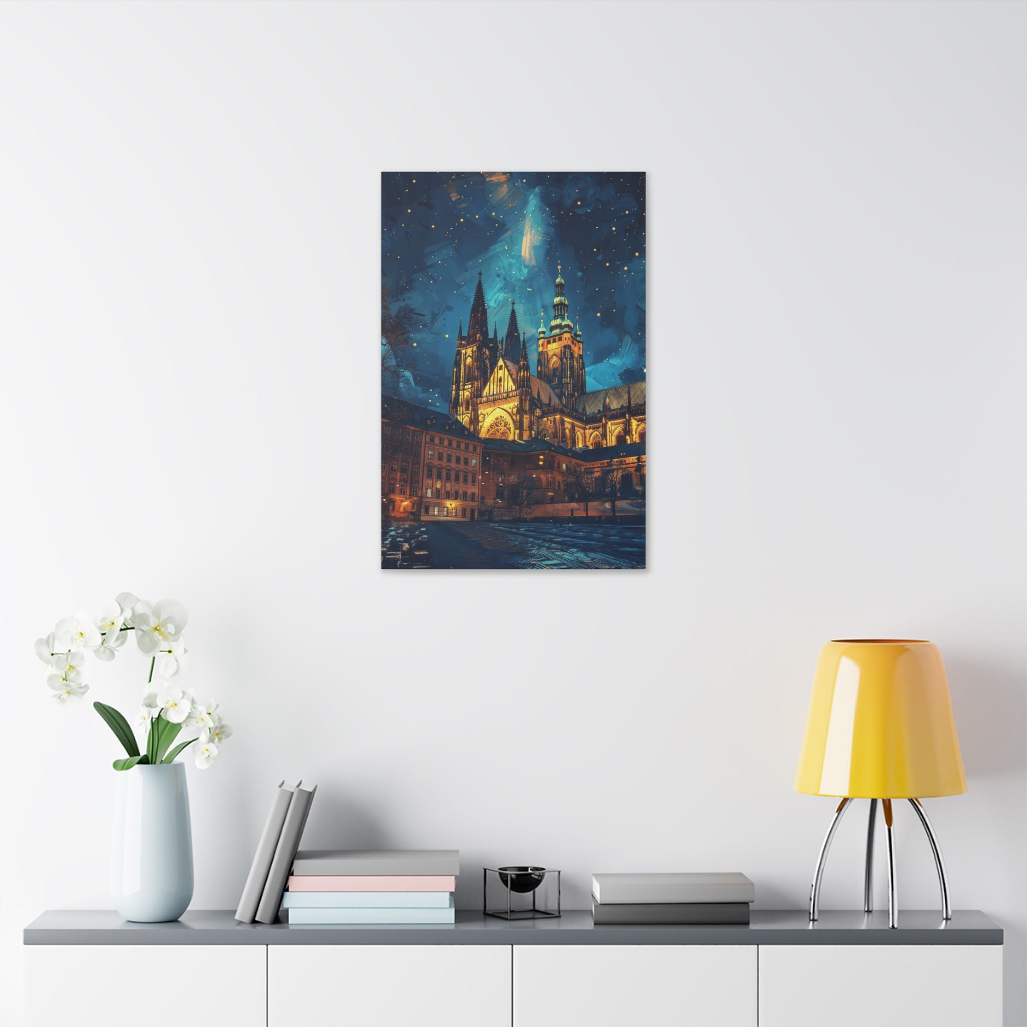 Prague Cathedral Night Skyline Stretched Canvas — Starry Urban Architecture Wall Art
