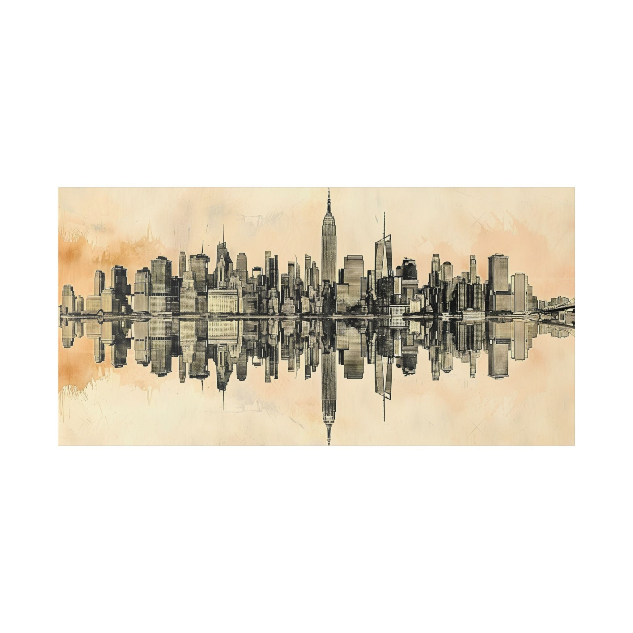 New York City Skyline Canvas Print — Sepia Watercolor Mirror Reflection Wall Art