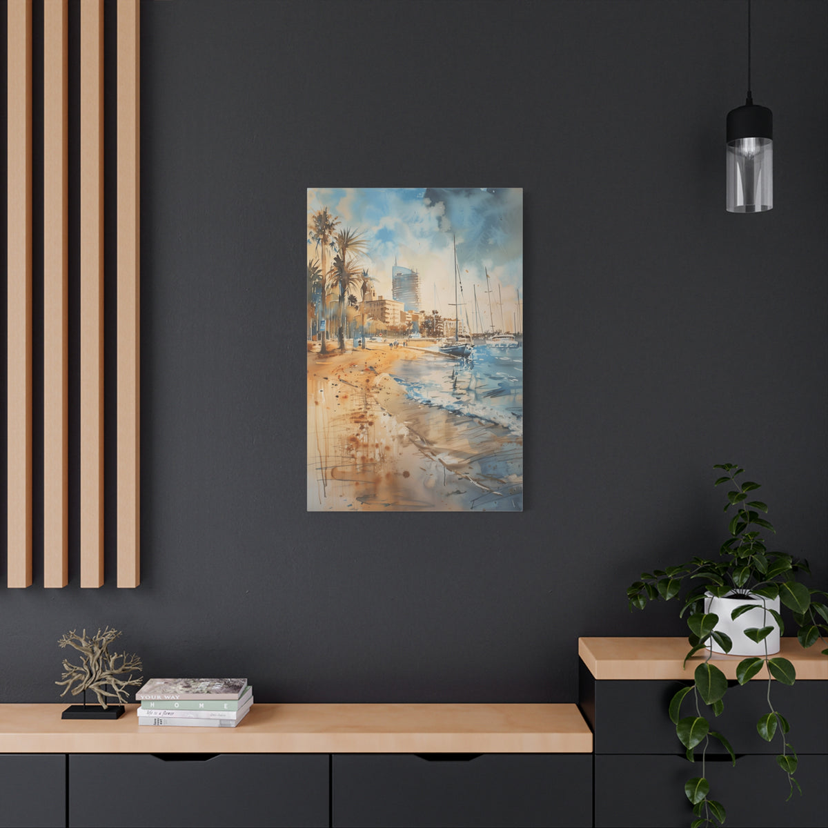 Barcelona Coastal Harbor Beach Stretched Canvas — Seaside Watercolor Wall Art