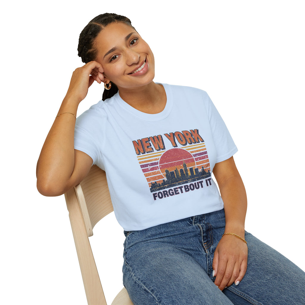 New York Skyline T‑Shirt – “Forgetbout It” Vintage Sunset Tee