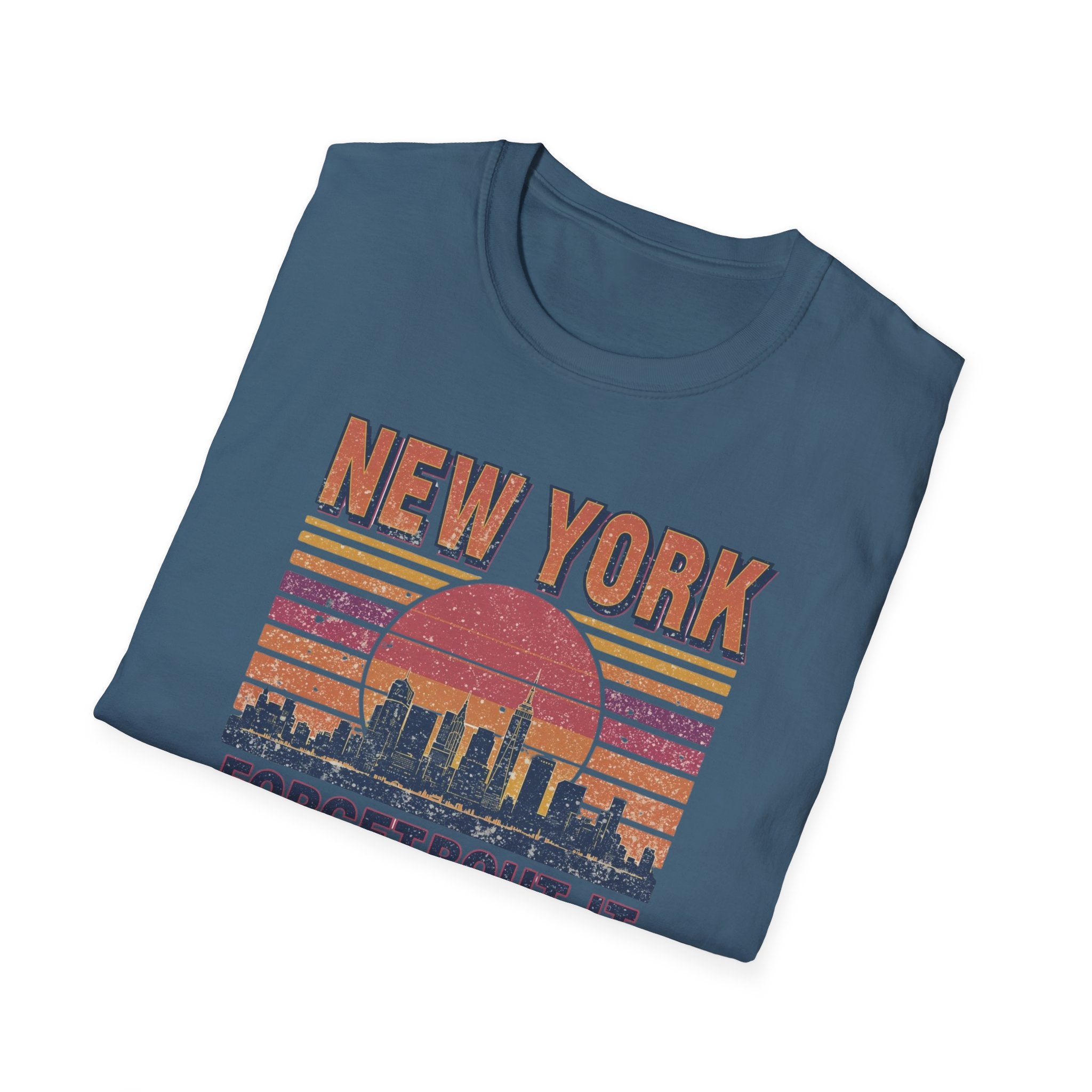 New York Skyline T‑Shirt – “Forgetbout It” Vintage Sunset Tee