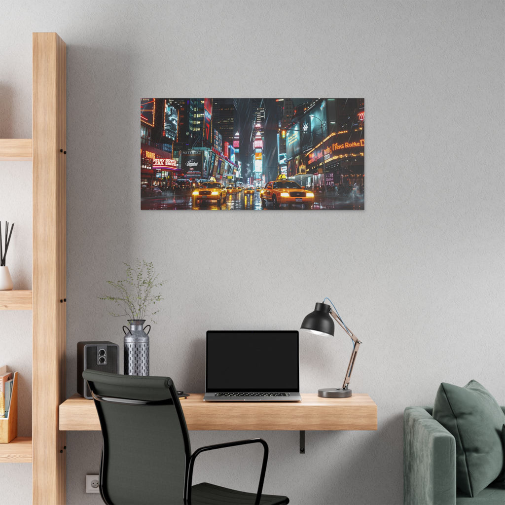 New York Night Street Canvas Print — Rainy Times Square Taxi Wall Art