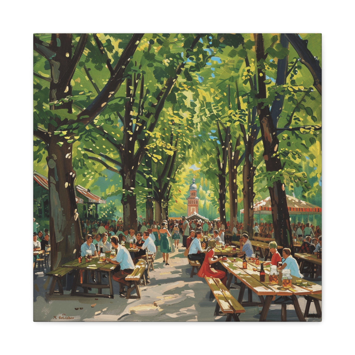 Biergarten Canvas Wall Art — Sunny Tree-Lined Outdoor Market Scene