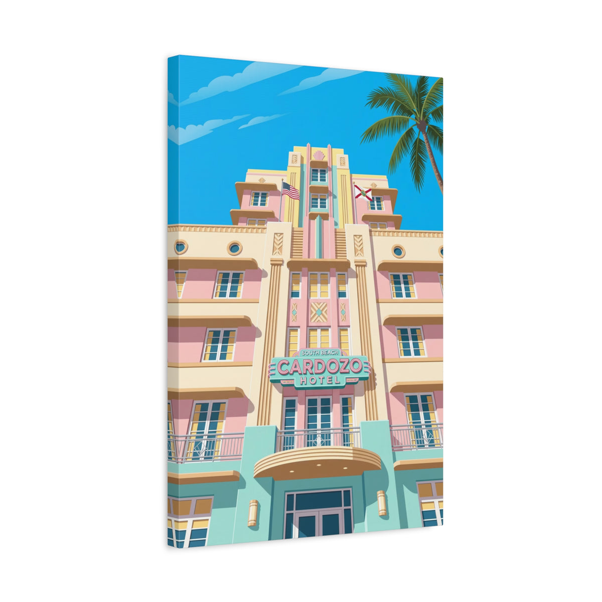 Art Deco Beach Hotel Canvas — Miami Palm Retro Stretched Wall Art