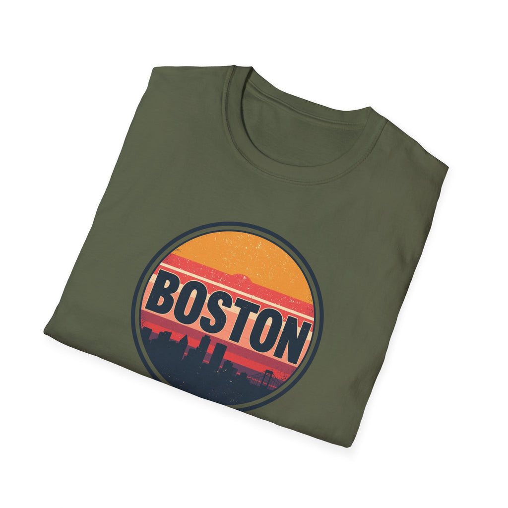 Boston Skyline Circle T‑Shirt — Retro Sunset City Graphic
