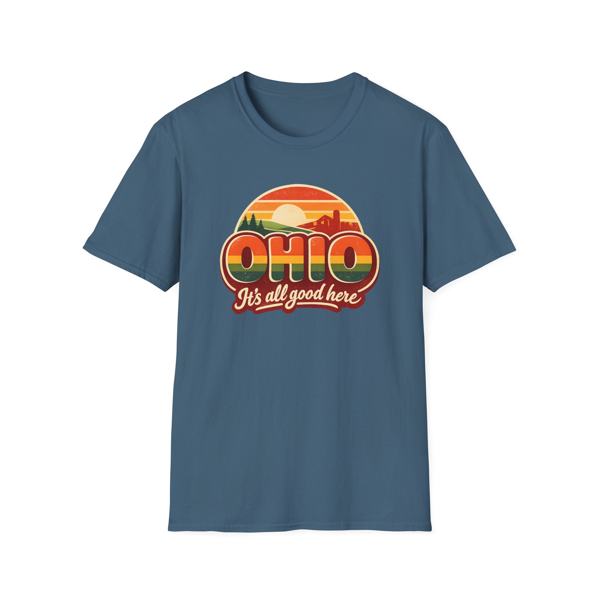 Ohio Retro Sunset T-Shirt — “Ohio It's All Good Here” Vintage State Tee