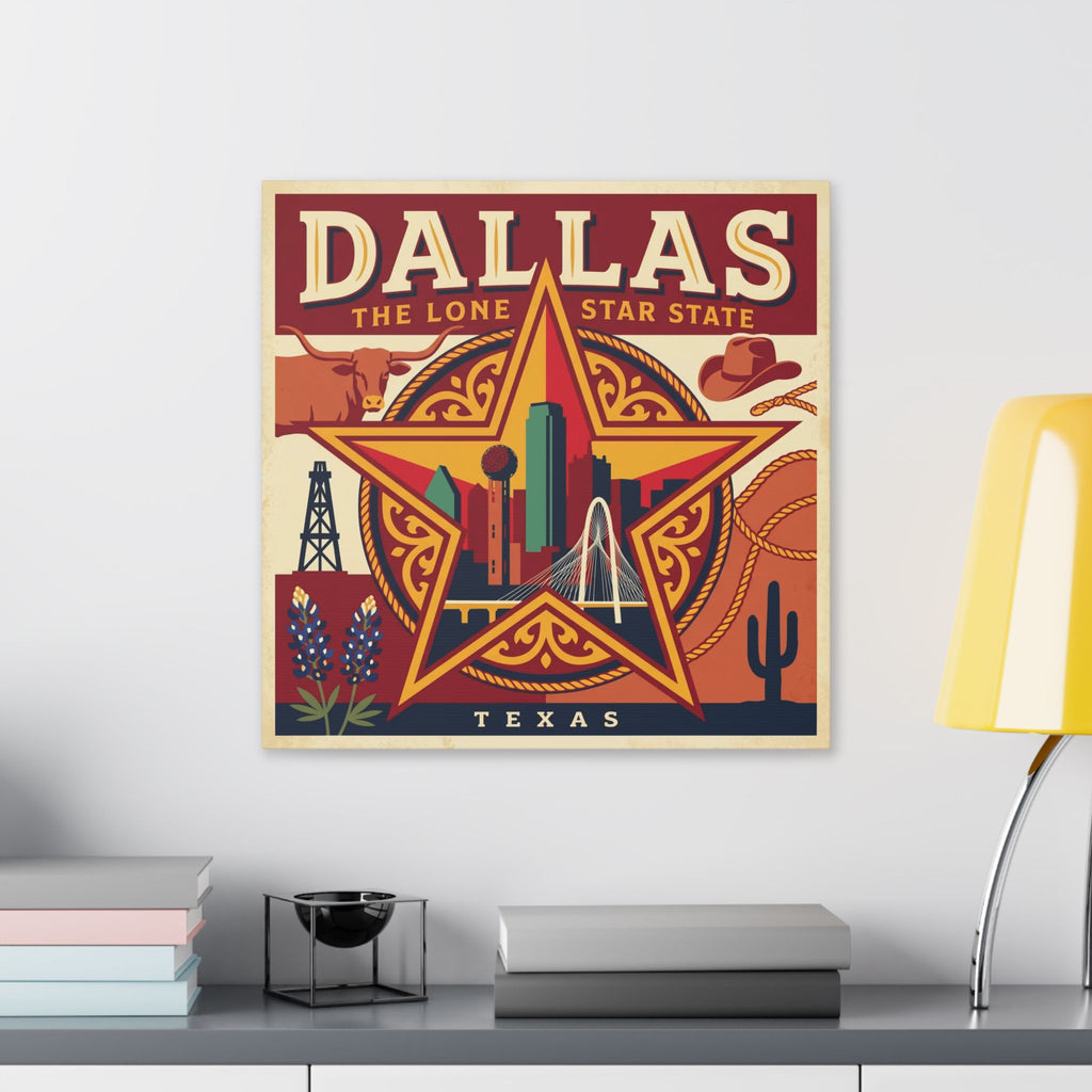 Dallas Lone Star Vintage Canvas Wall Art — Texas Skyline & Western Icons