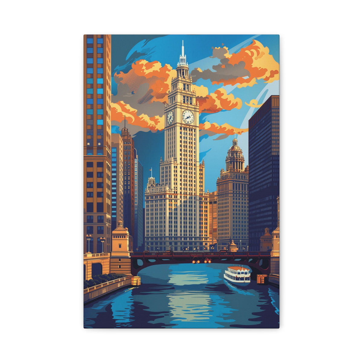 Chicago River Skyline Stretched Canvas — Vintage Cityscape Wall Art