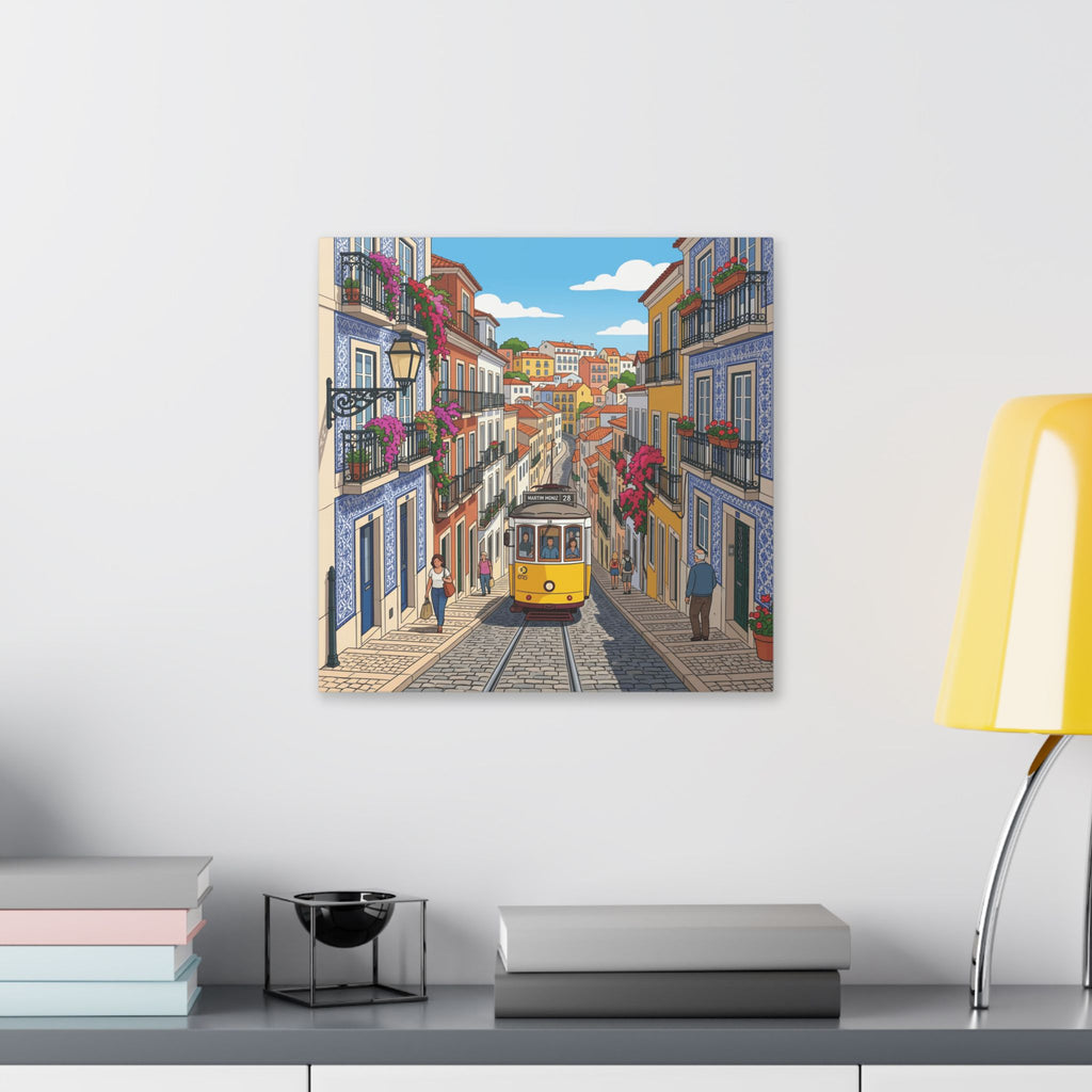 Lisbon Tram Street Canvas Art — Colorful European Cityscape Wall Decor