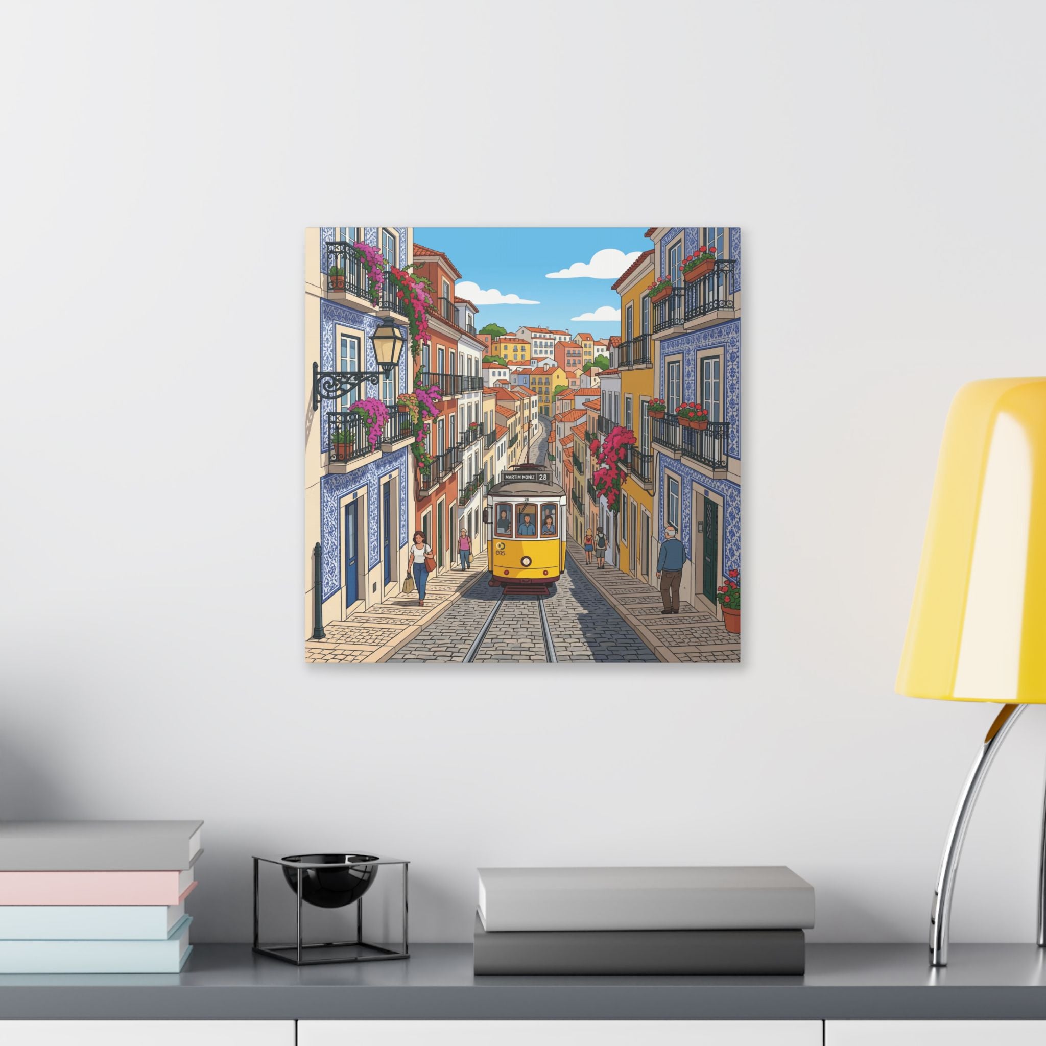 Lisbon Tram Street Canvas Art — Colorful European Cityscape Wall Decor