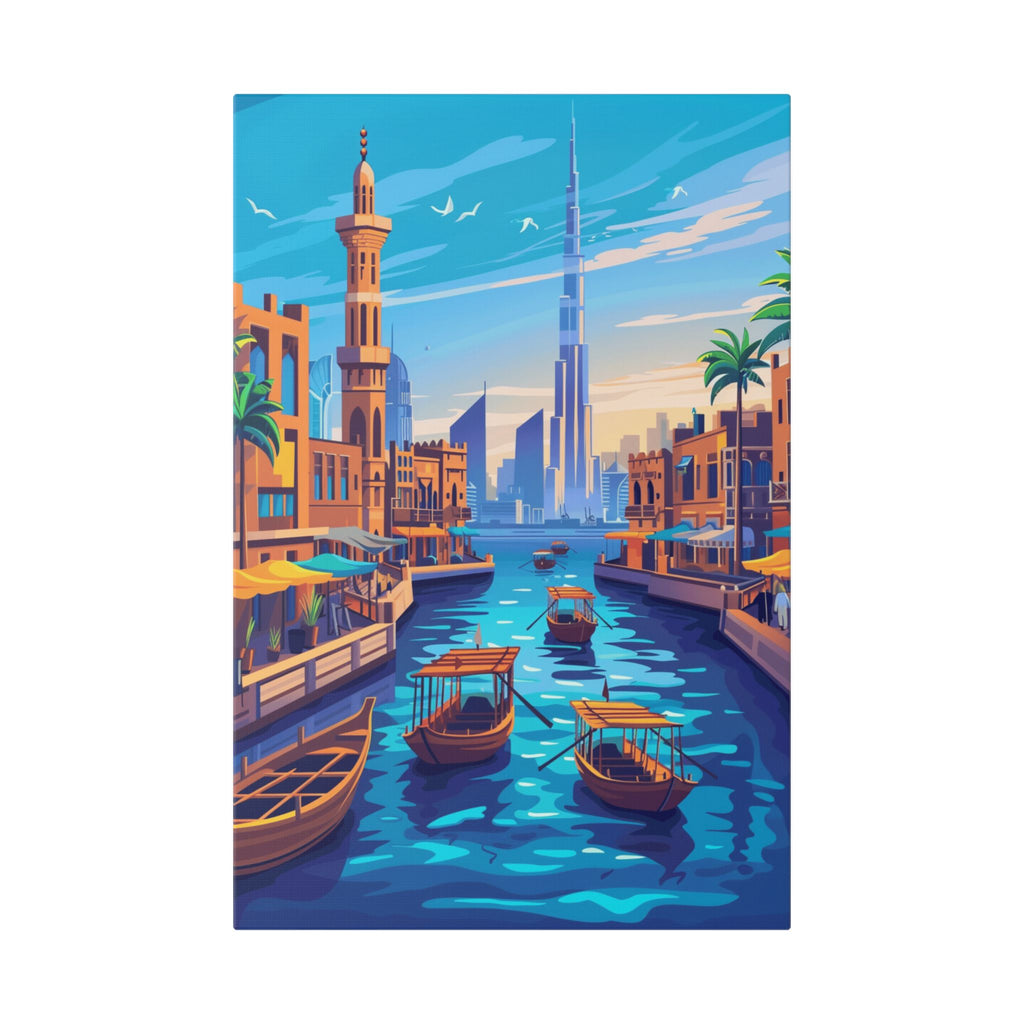 Dubai Creek Cityscape Canvas – Colorful Dubai Skyline Stretched Wall Art
