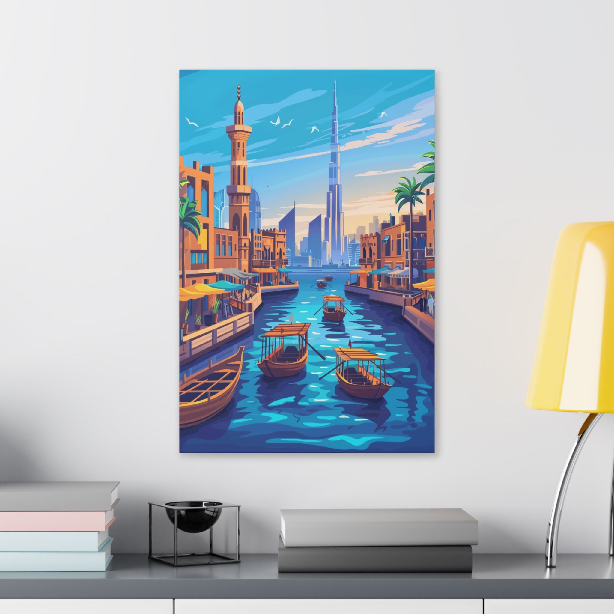 Dubai Creek Cityscape Canvas – Colorful Dubai Skyline Stretched Wall Art