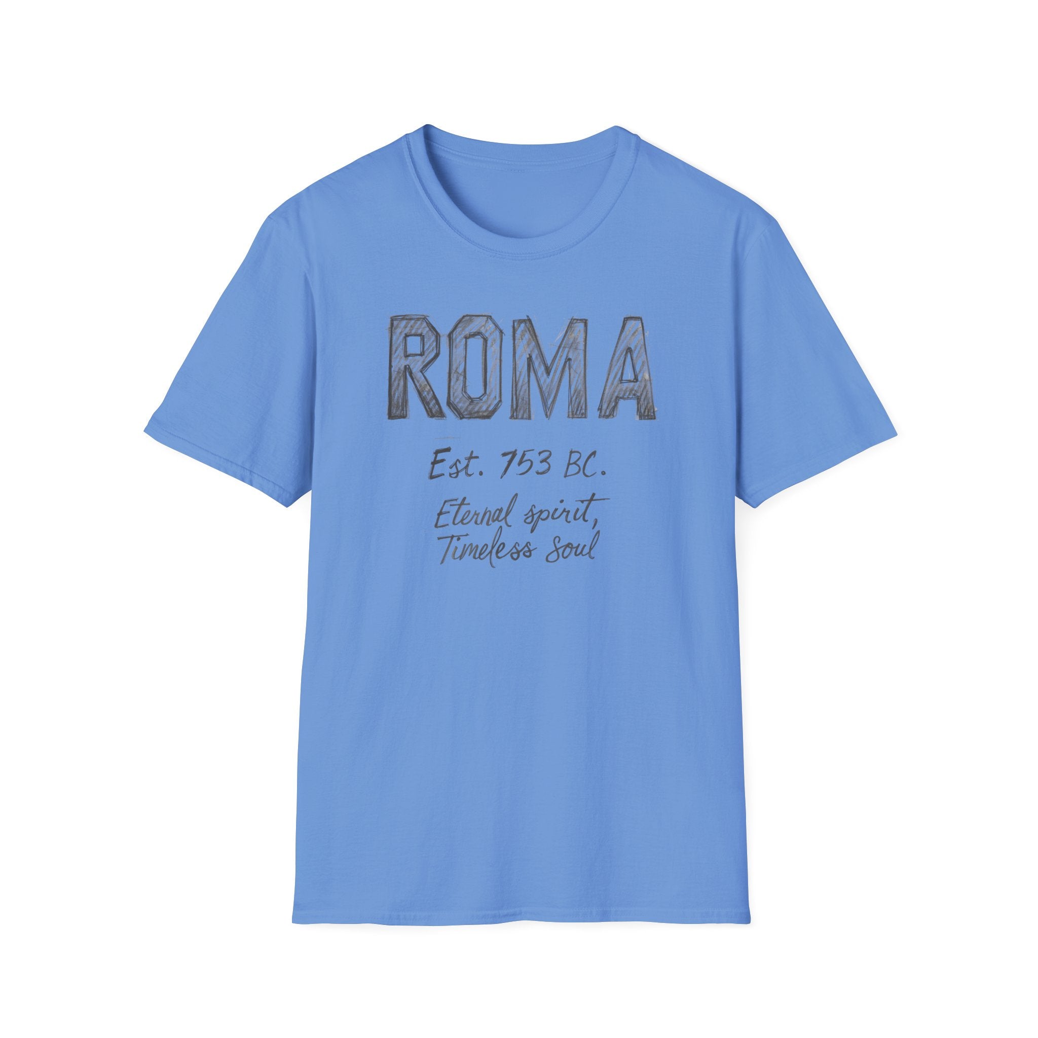 Roma Vintage Script T-Shirt — 'Roma Est. 753 BC, Eternal spirit, Timeless soul'