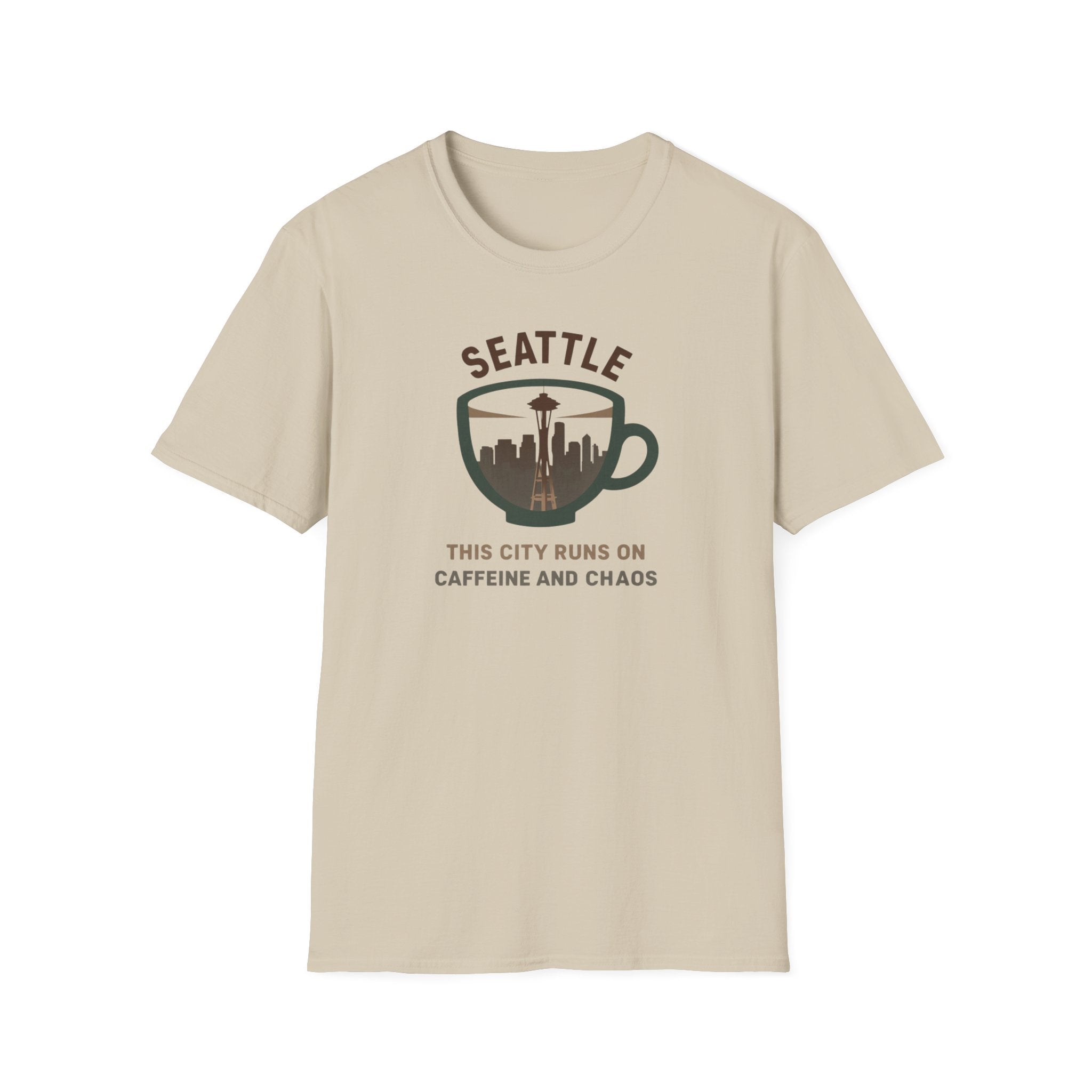 Seattle Coffee City T-Shirt — "This City Runs on Caffeine and Chaos"