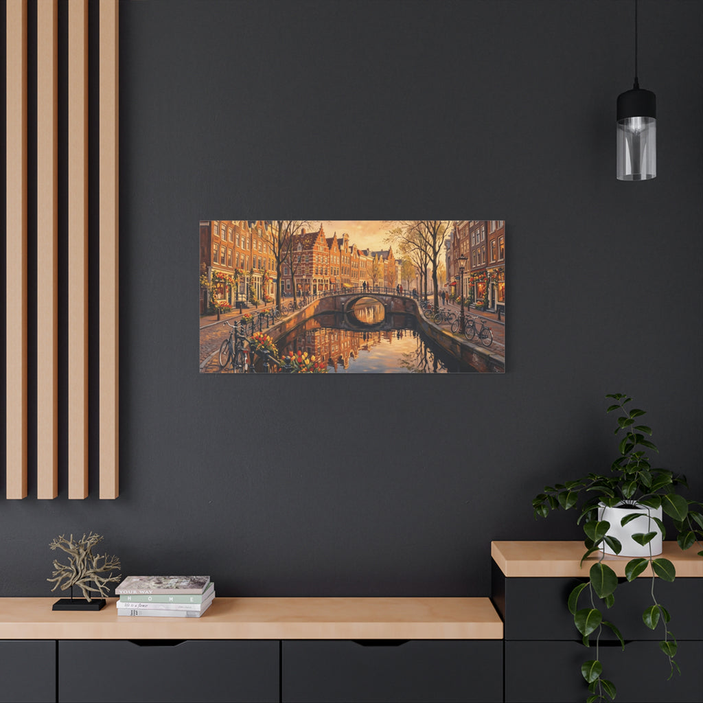 Amsterdam Canal Sunset Stretched Canvas Wall Art