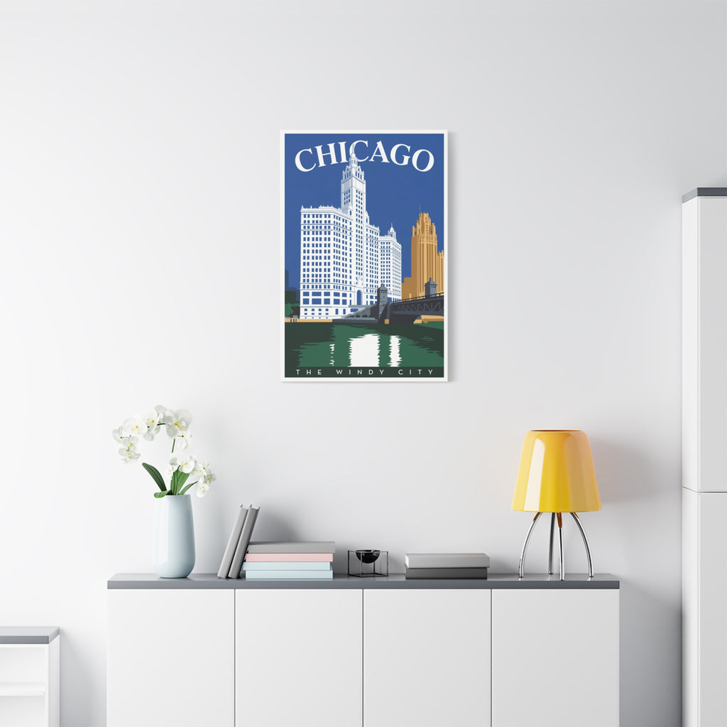 Chicago Skyline Stretched Canvas – The Windy City Retro Travel Art