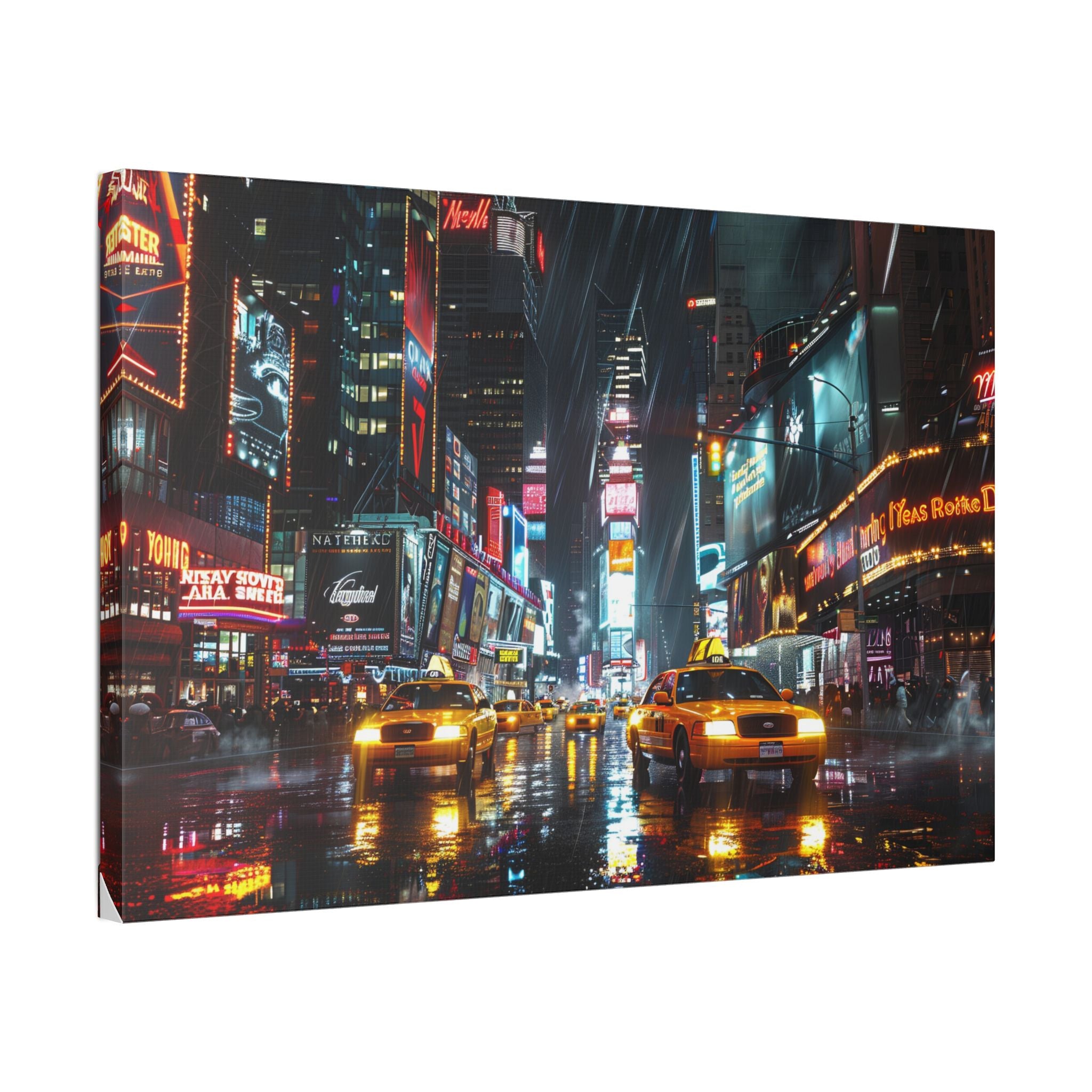 New York Night Street Canvas Print — Rainy Times Square Taxi Wall Art