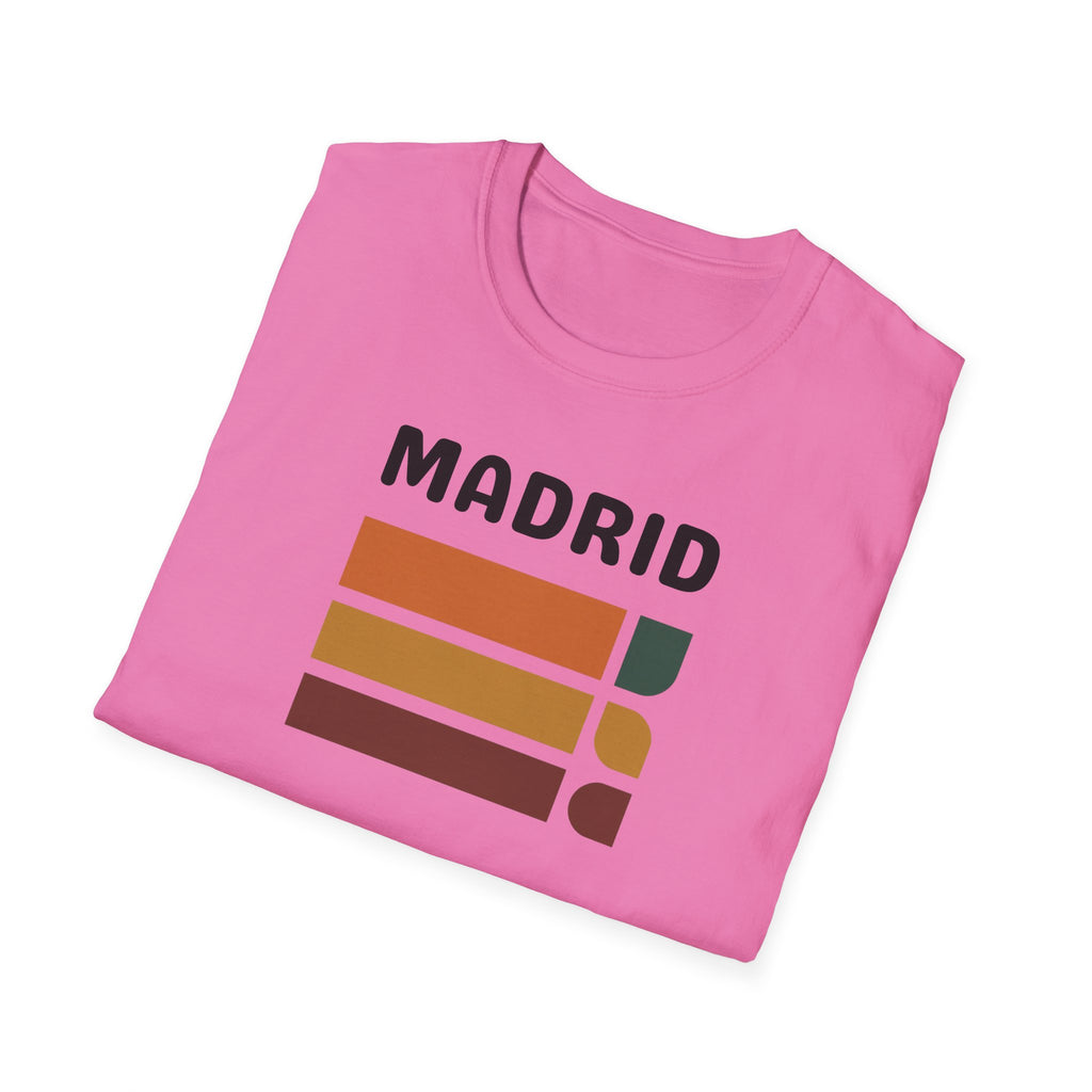 Madrid Retro Stripes T-Shirt | Vintage City Typography, Earth Tone Bars