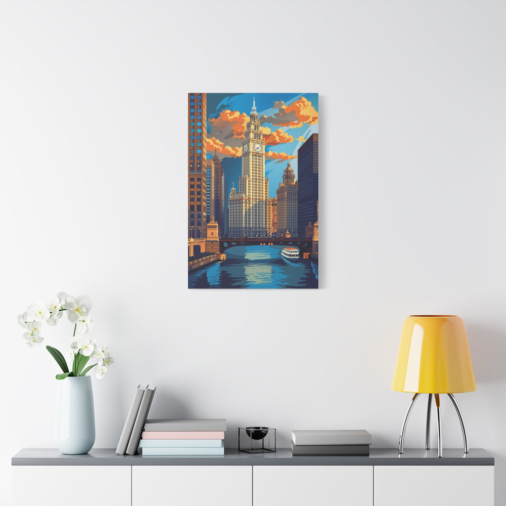 Chicago River Skyline Stretched Canvas — Vintage Cityscape Wall Art