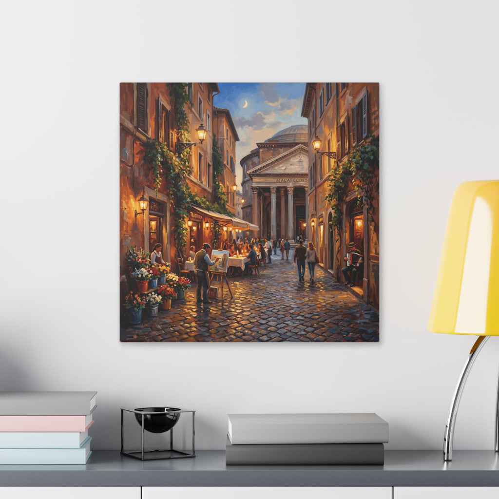 Romantic European Street Canvas — Evening Cafe by the Pantheon